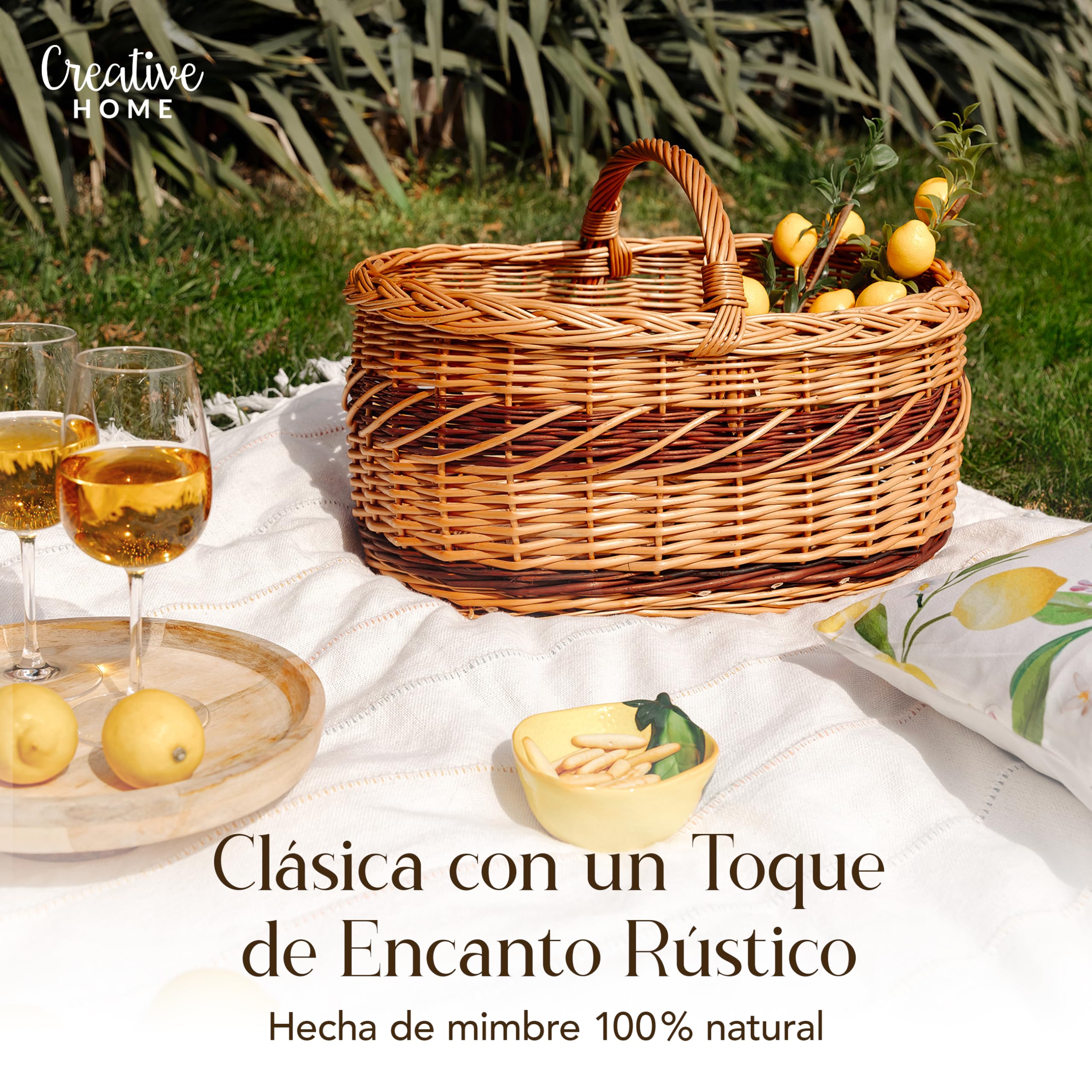 Creative Home Cesta de Mimbre Grande con Asa y Trenza | 52x35x36 cm (+/- 1 cm) Ligera | para Compra Regalo Picnic Plantas Decoración | Tejida a Mano | Marrón Natural | Multiuso, Práctica y Duradera