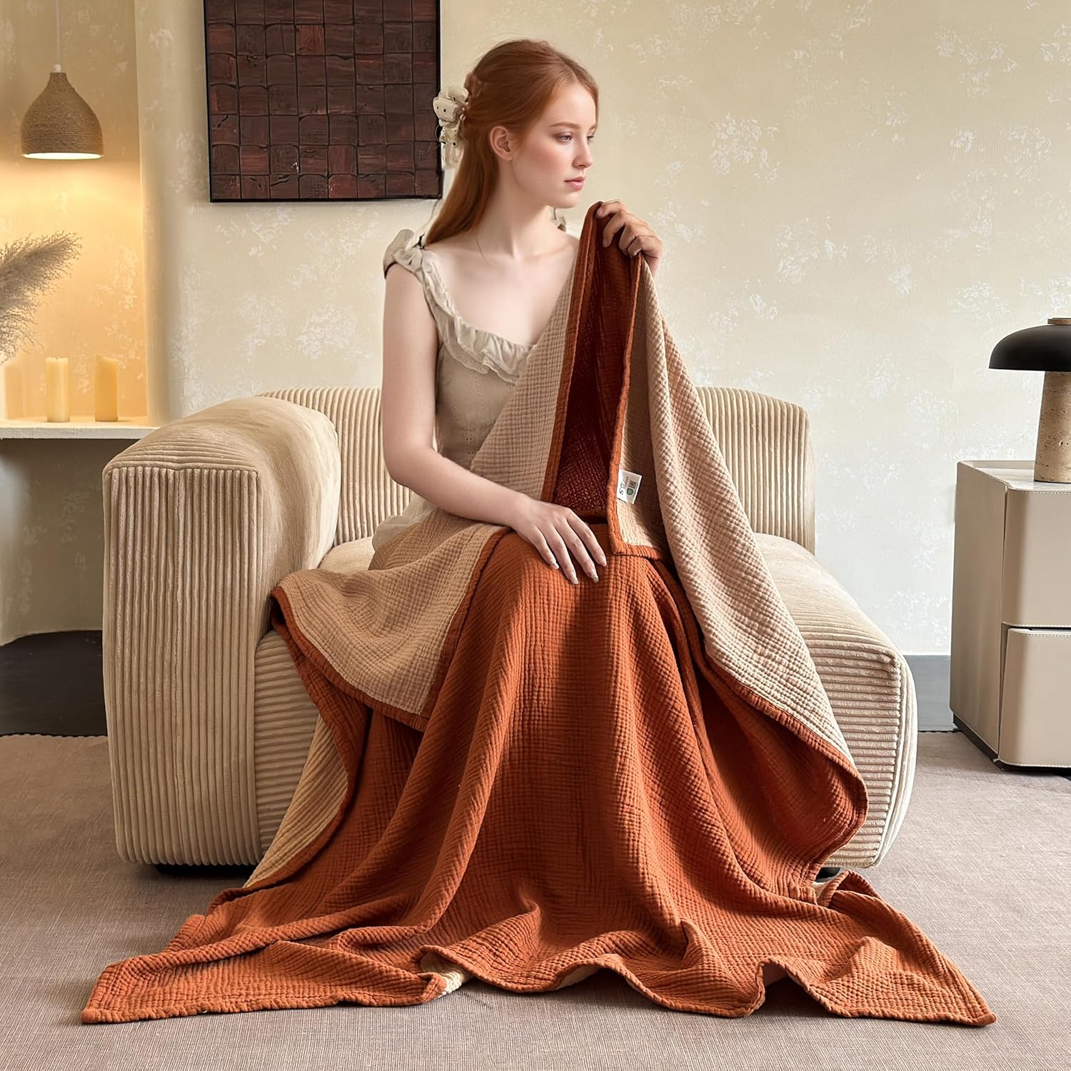 Simple&Opulence 100% Cotton Muslin Blanket King Size, Lightweight Breathable 4 Layering Gauze Blanket for Bed Couch Camping, Soft Bedspread Coverlet All-Season Use (Rust Orange, 104" x 92") - Image 6