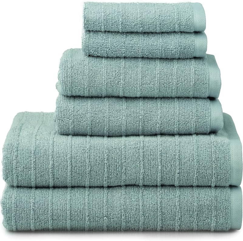 Welhome James 100% Cotton Towel Set of 6 - Textured Stripe Towels for Bathroom - 6 Piece Set of 2 Bath Towels, 2 Hand Towels, 2 Washcloths, Soft & Absorbent, Mineral Blue