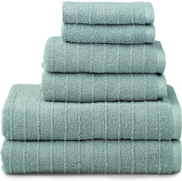 Welhome James 100% Cotton Textured Stripe Towel Set - 6 Piece Set of 2 Bath Towels, 2 Hand Towels, 2 Washcloths, Soft & Absor