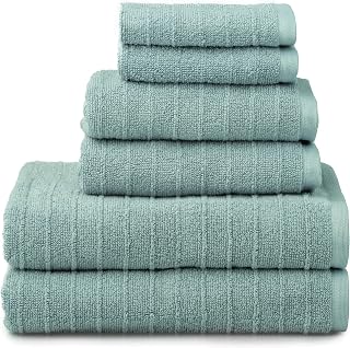 Welhome James 450 GSM 100% Cotton Textured Stripe Towel Set - 6 Piece Set of 2 Bath Towels, 2 Hand Towels, 2 Washcloths, Soft & Absorbent, Mineral