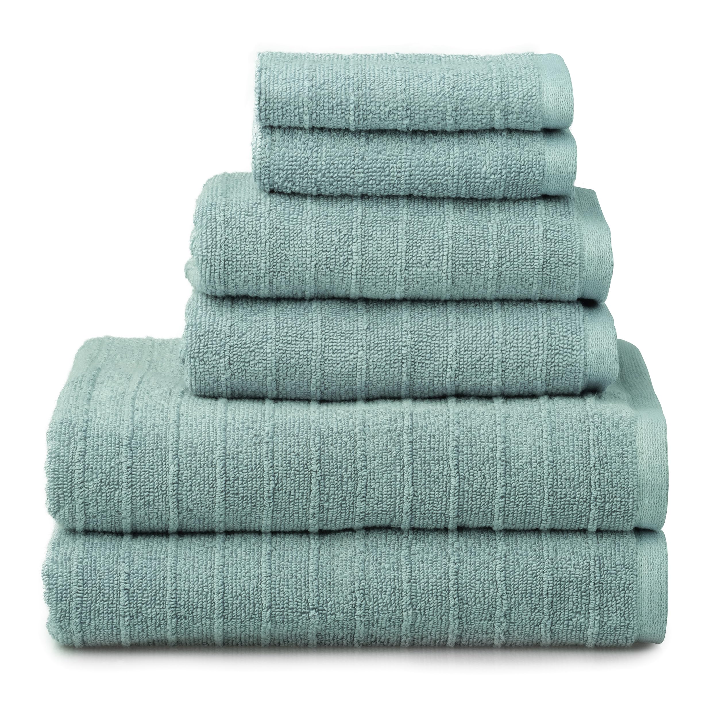 Welhome James 100% Cotton Textured Stripe Towel Set - 6 Piece Set of 2 Bath Towels, 2 Hand Towels, 2 Washcloths, Soft & Absorbent, Mineral