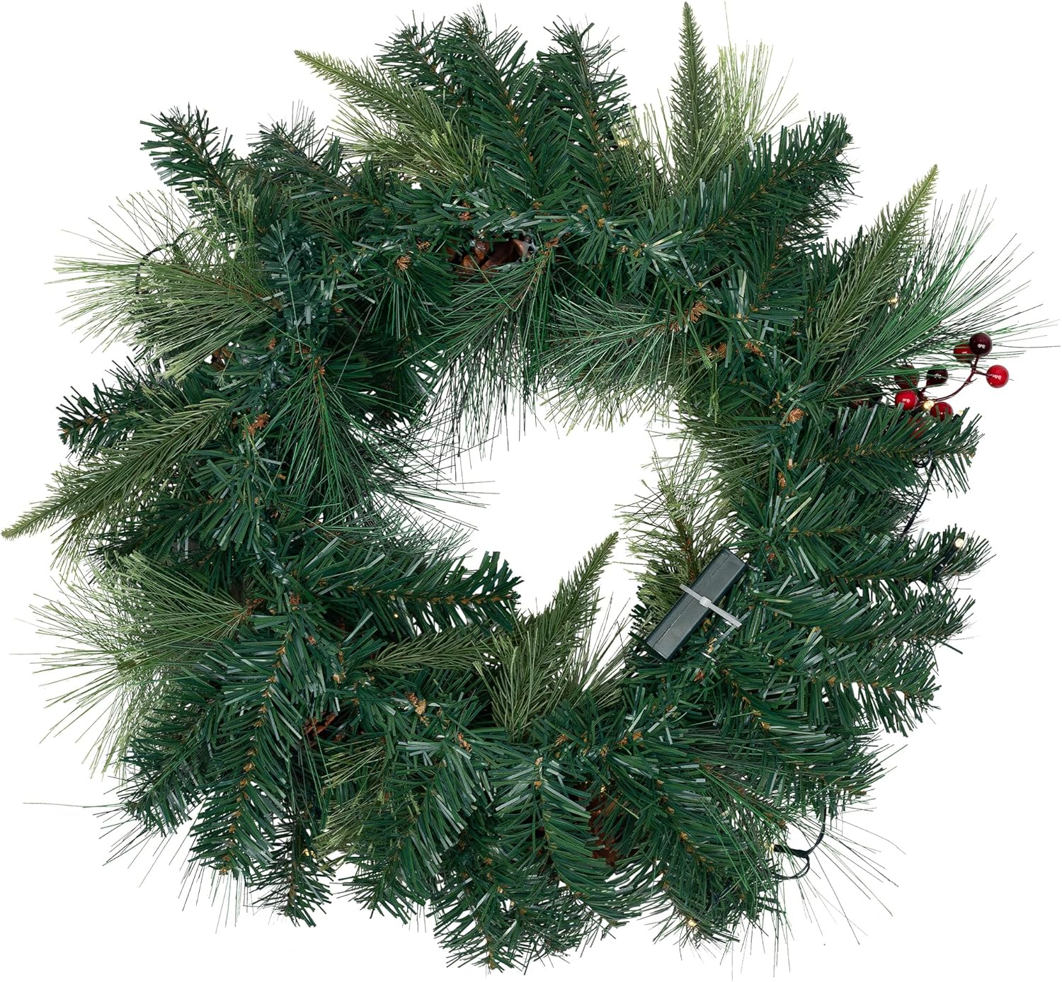 Pre-Lit Battery Operated Mixed Pine and Berries Christmas Wreath - 24" - Warm White LED Lights