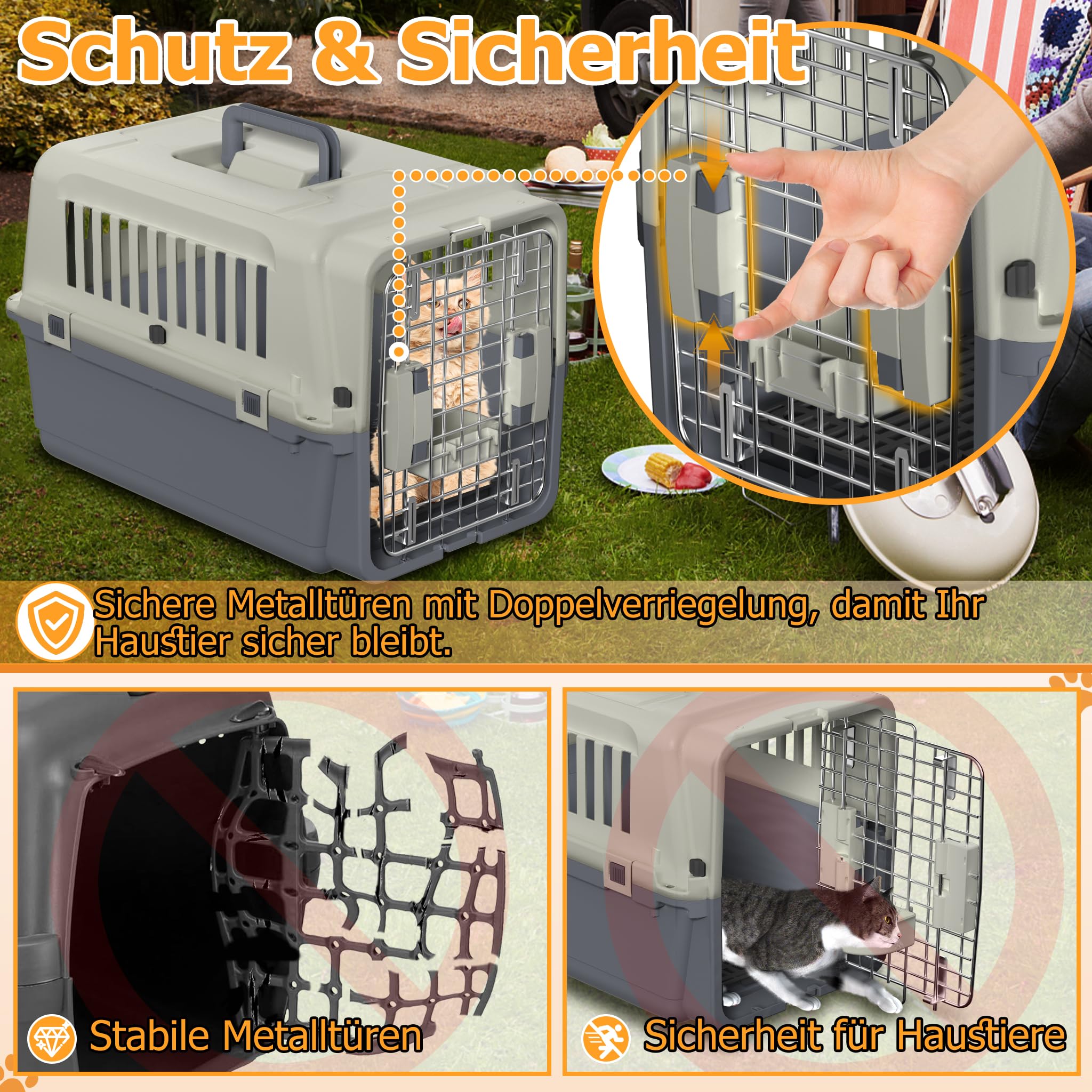 YRHome Boîte de transport pour chiens et chats - Caisse de transport pour les voyages en avion - Avec fenêtre en plastique, porte en fer, bol et plateau à couches et poignée - 60 x 40 x 40 cm - Charge