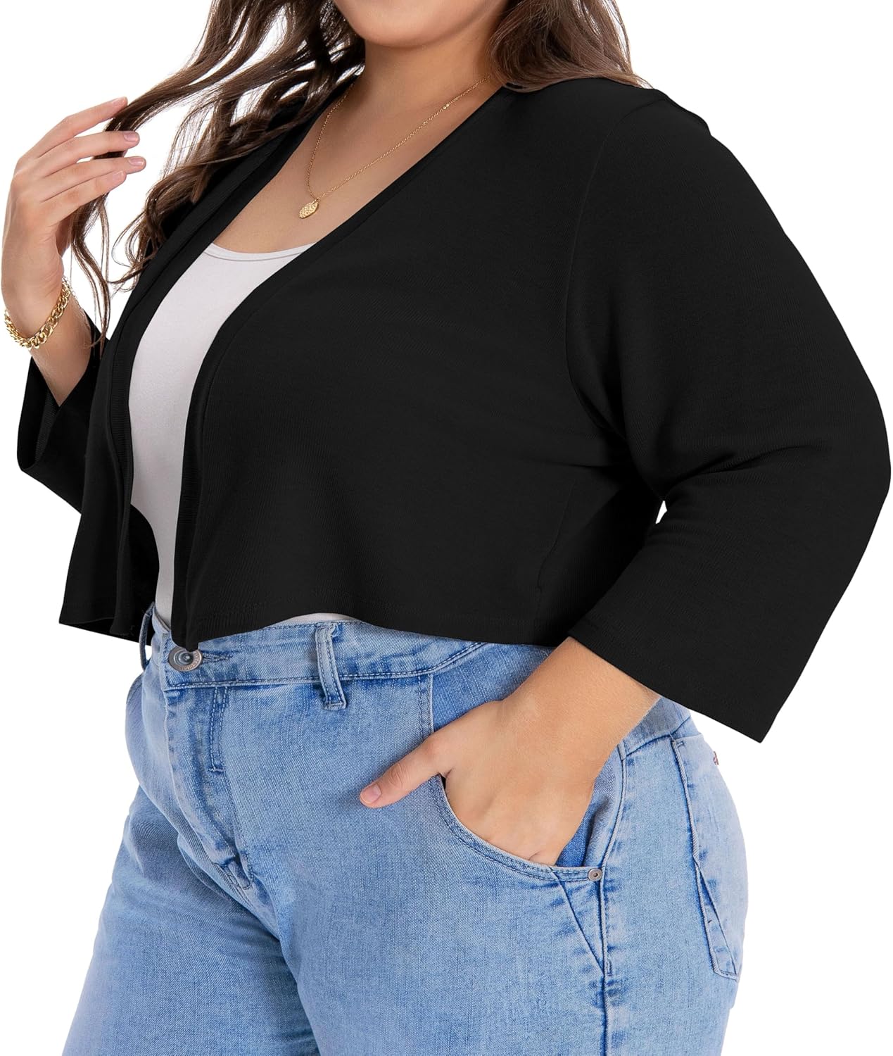 Plus Size Shrugs for Women 3/4 Sleeve Cropped Cardigan Knit Sweaters Open Front Bolero - Image 2