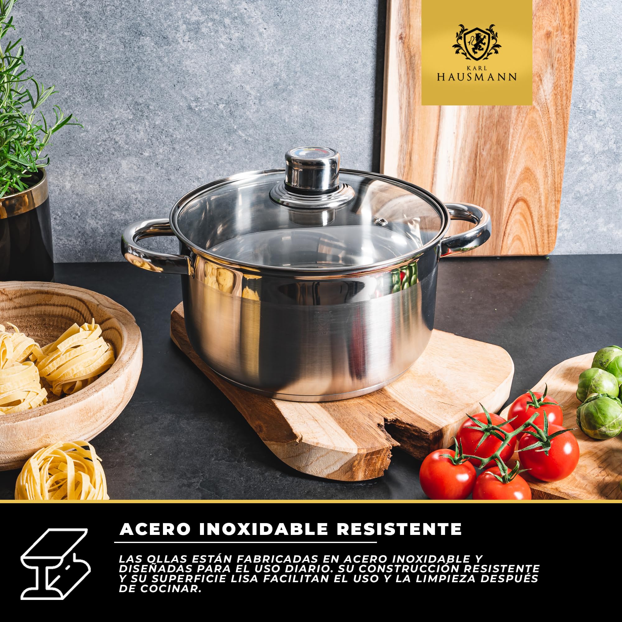 KARL HAUSMANN Batería de Cocina 4 Piezas Acero Inoxidable con Tapas Termómetro - Ollas Inducción, Juego de Ollas Cocina Uso Diario, Gas, Eléctrica, Vitrocerámica, 4 Tamaños