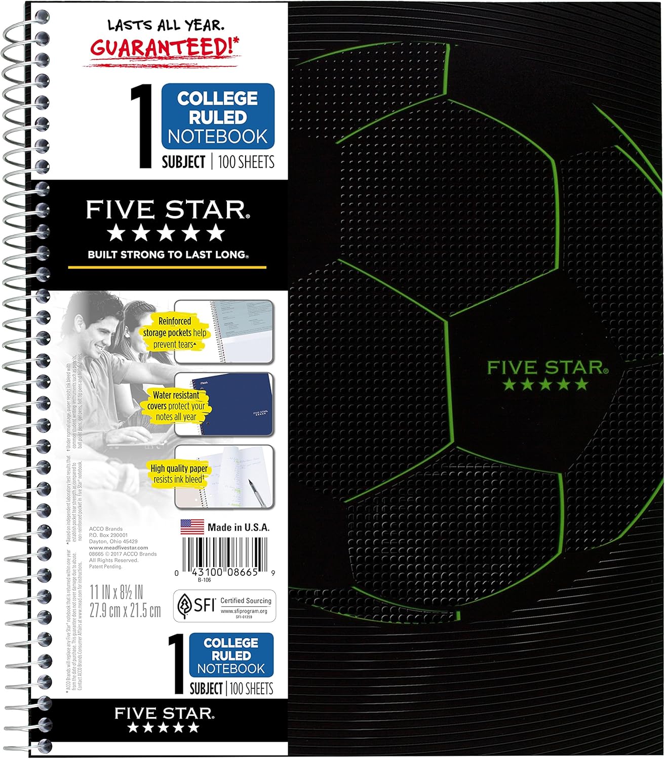 Five Star Spiral Notebook, 1 Subject, College Ruled Paper, 100 Sheets, 11" x 8-1/2", Sports, Baseball (08665CM8)