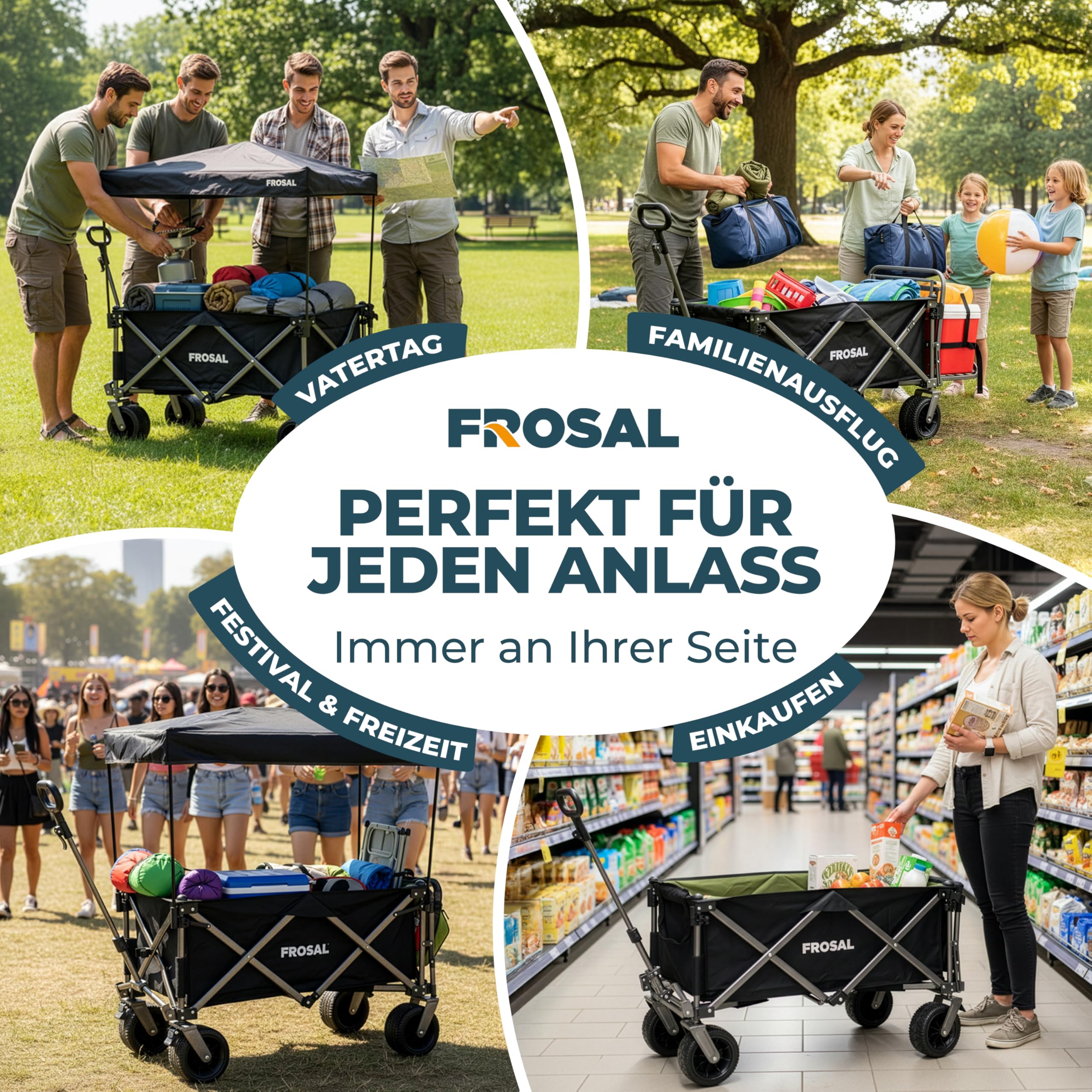 FROSAL Bollerwagen Theo faltbar mit Dach & Heckeinstieg – Handwagen klappbar für Hund & Kinder, Strand, Camping & Garten – 80kg belastbar, pannensichere Räder, höhenverstellbare Zugstange