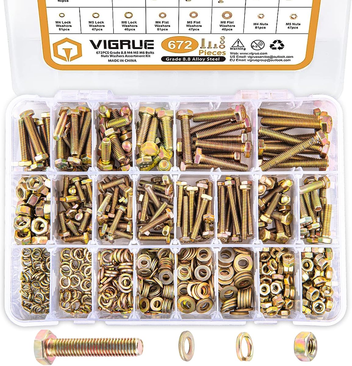 VIGRUE 672PCS Grade 8.8 M4 M5 M6 Metric Bolts Nuts Assortment, Heavy Duty Hex Head Nuts and Bolts Assortment Kit, 13 Metric Sizes Included