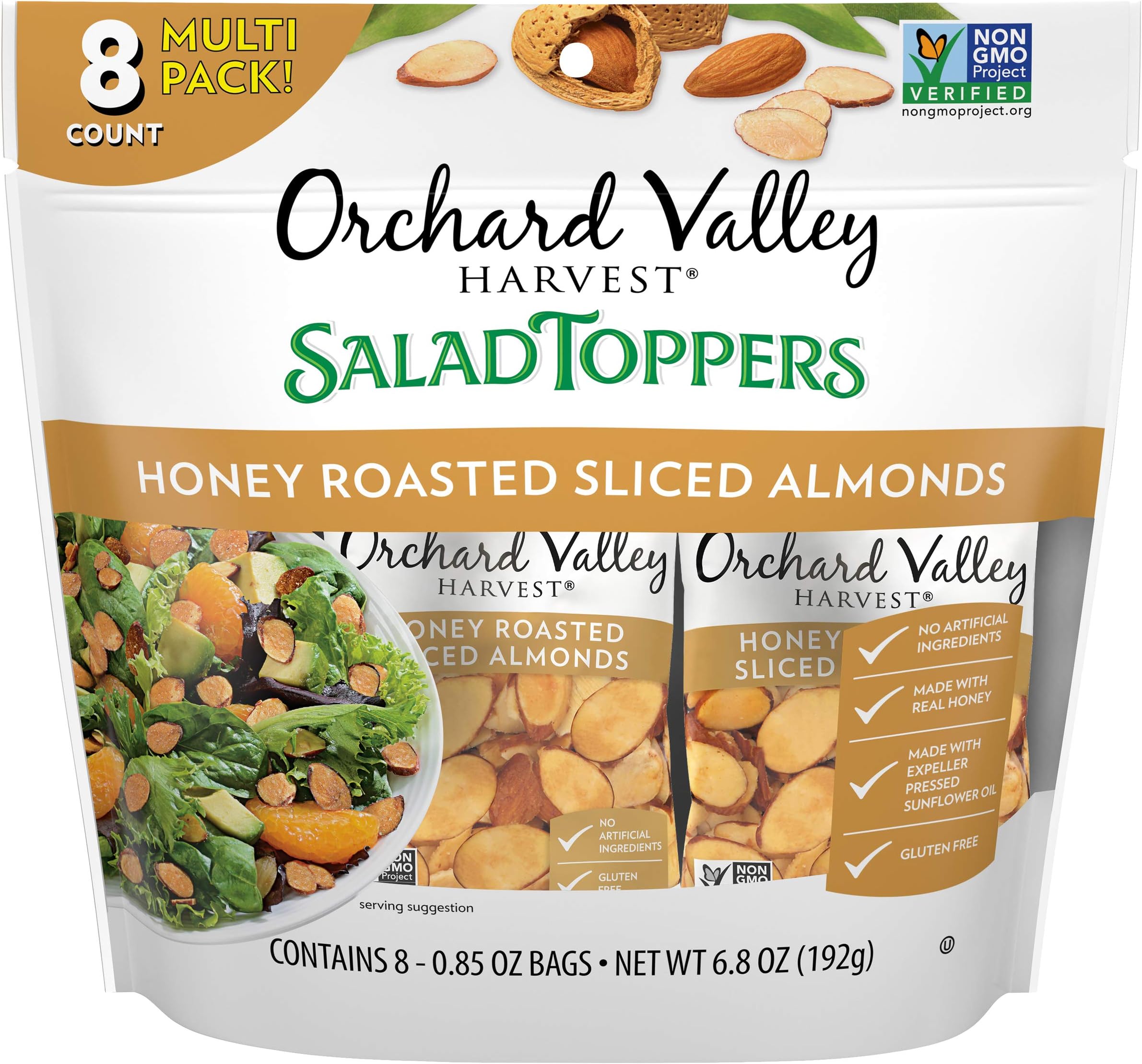 Orchard Valley Harvest Honey Roasted Sliced Almonds Salad Toppers, 0.85 Ounce Bags (Pack of 8), Gluten Free, Non-GMO, No Artificial Ingredients
