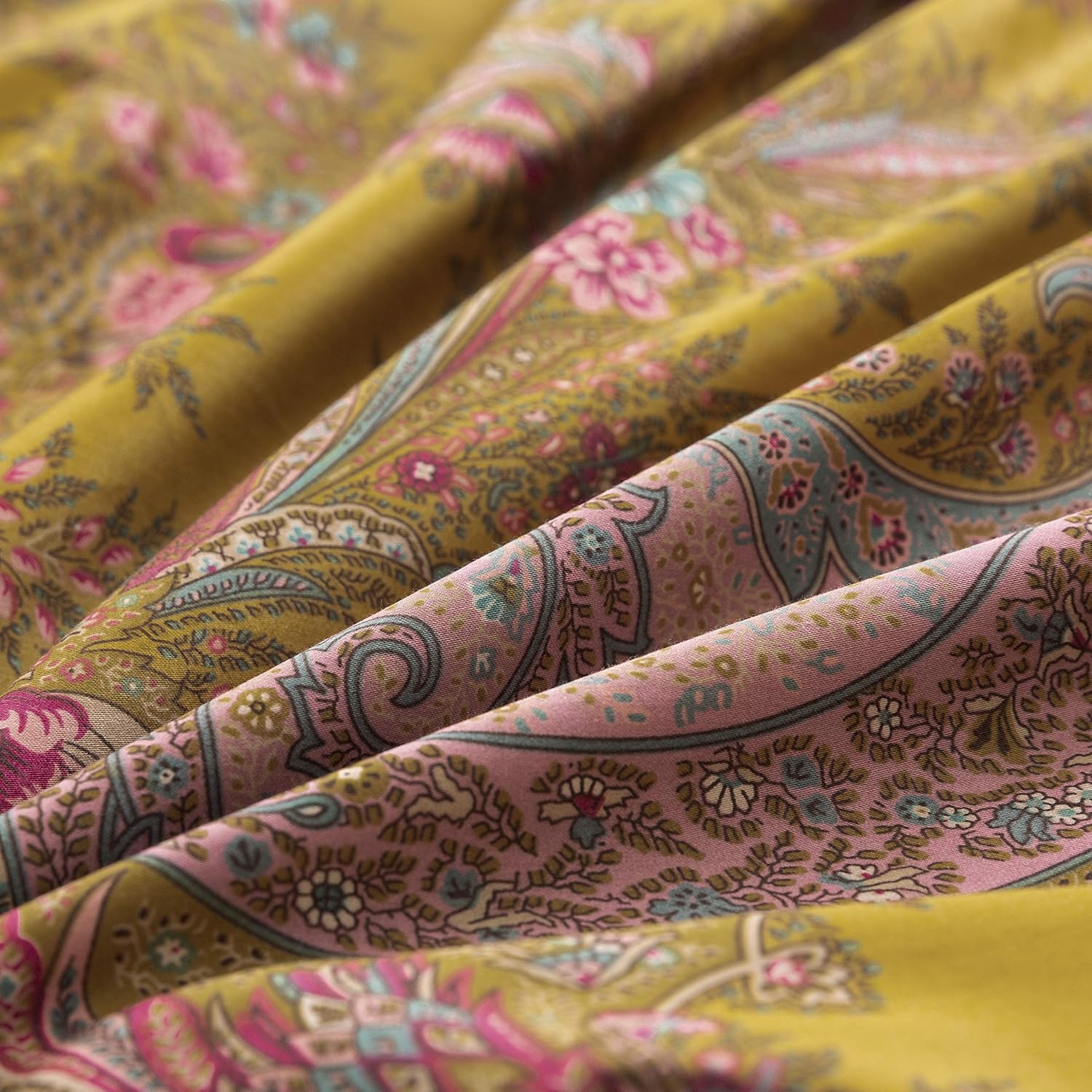 Eikei Vintage Botanical Flower Print Bedding 400tc Cotton Sateen Romantic Floral Scarf Duvet Cover 3pc Set Colorful Antique Drawing of Summer Lilies Daisy Blossoms (Queen, Mustard)