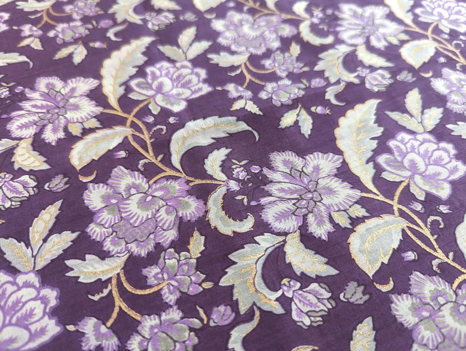 AVKA Studio Hand Block Print Fabric by The Yard - PRECUT 3 Yard 42 Inch Width - 100% Cotton Material - Dark Purple Floral Pattern - Light Weight Indian Cloth for Making Summer Dress Tops Projects etc