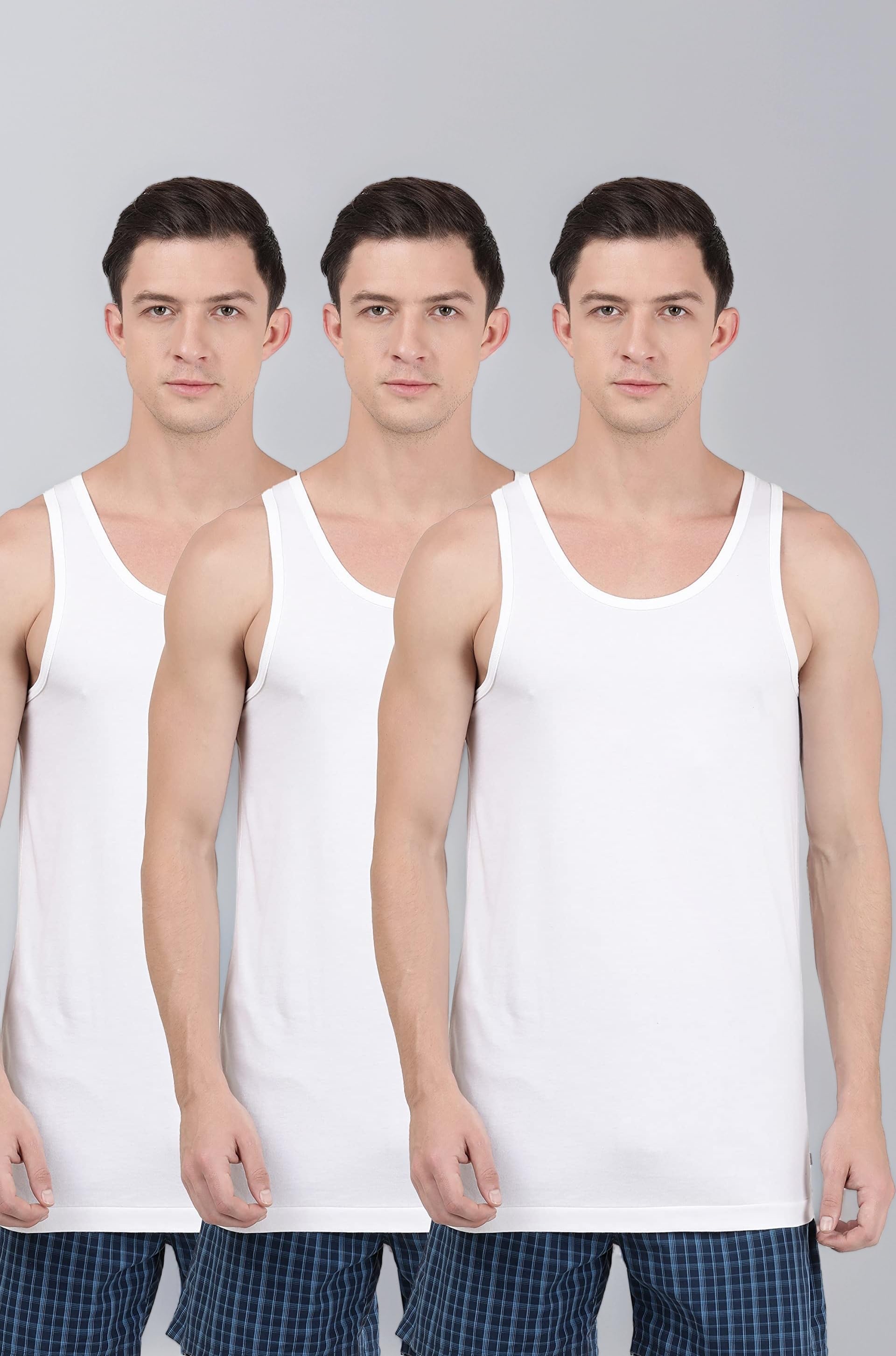 8820 Men's Super Combed Cotton Round Neck Sleeveless Vest with Extended Length for Easy Tuck (Pack of 3)