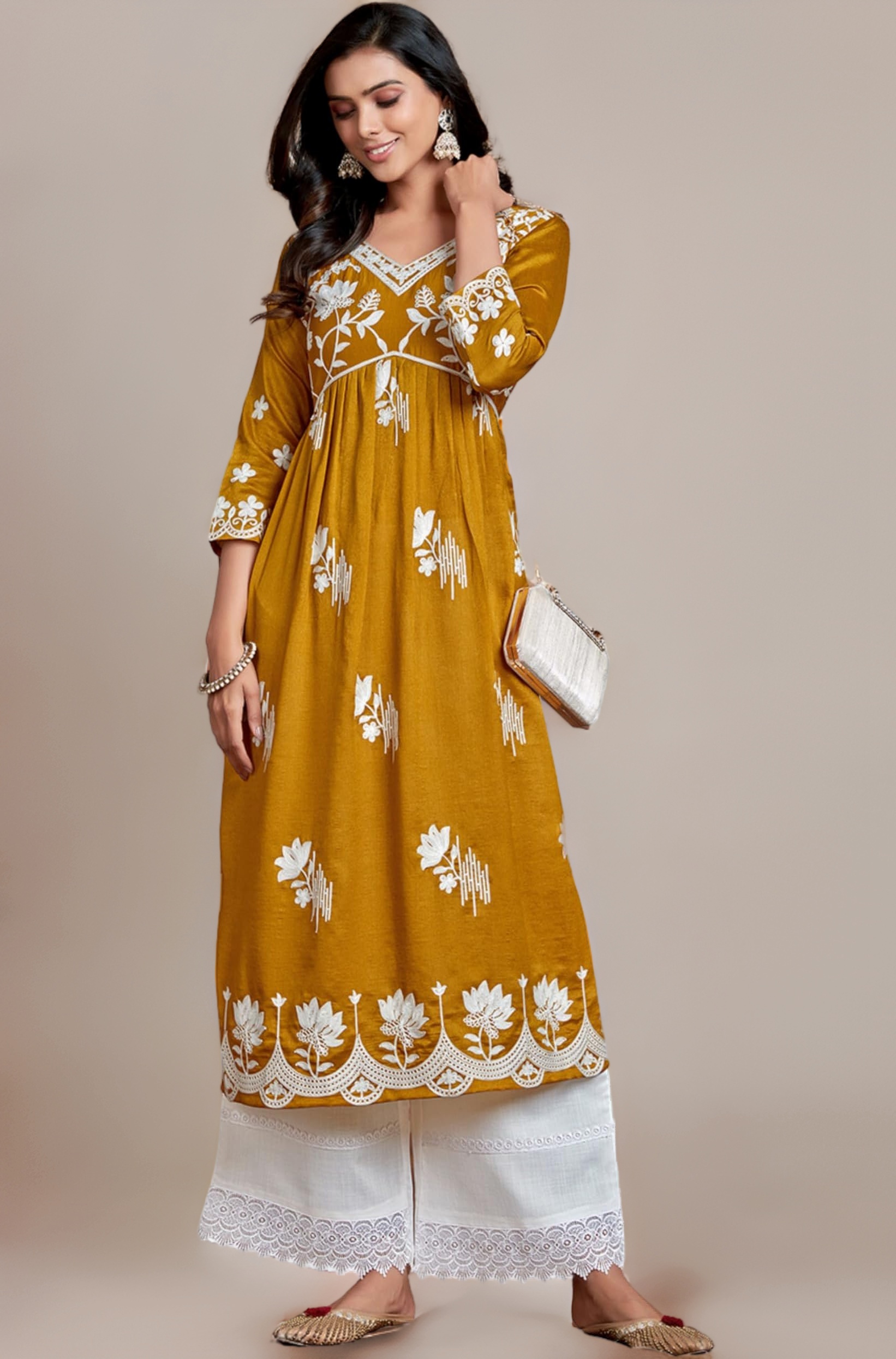 EthnicJunction Women's Silk Blend Regular Fit Chikankari Embroidered Naira Cut Kurta