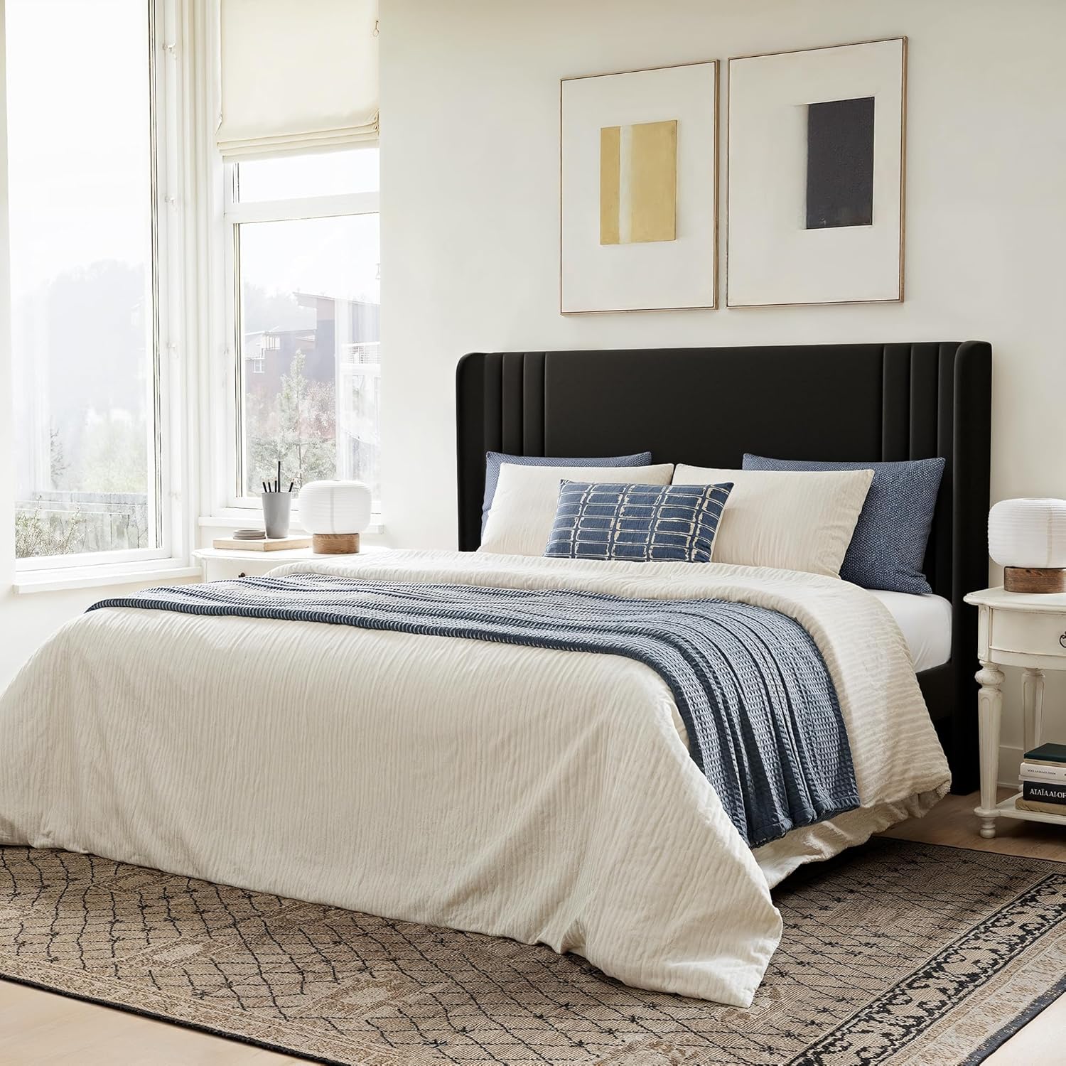 GOLDORO Queen Size Velvet Platform Bed Frame with Vertical Tufted Wingback Headboard, Easy Assembly, Under Bed Storage, No Box Spring Required, Modern Style, White