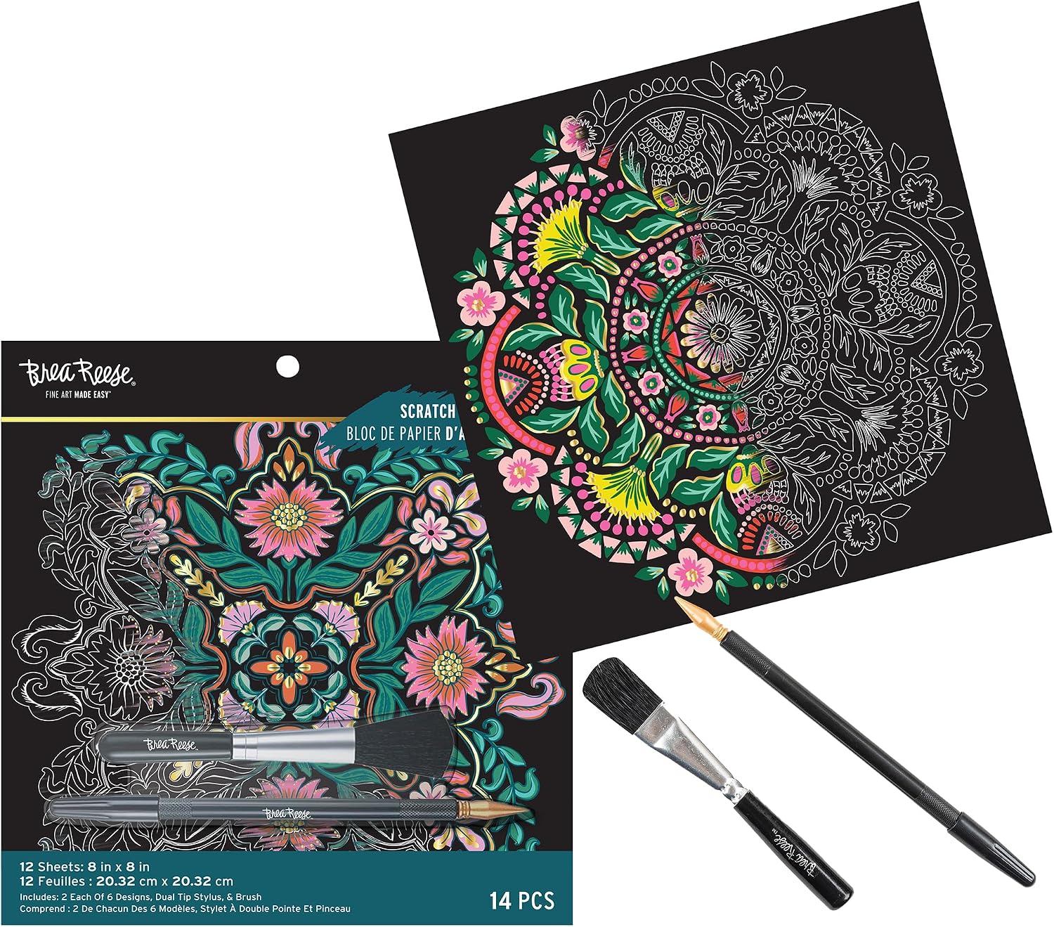 Momenta Brea Reese: Scratch Art Paper Pad Mandala 8x8, 6 Intricate Designs, 12 Sheets, Metallic Shimmer, Mindful Relaxation
