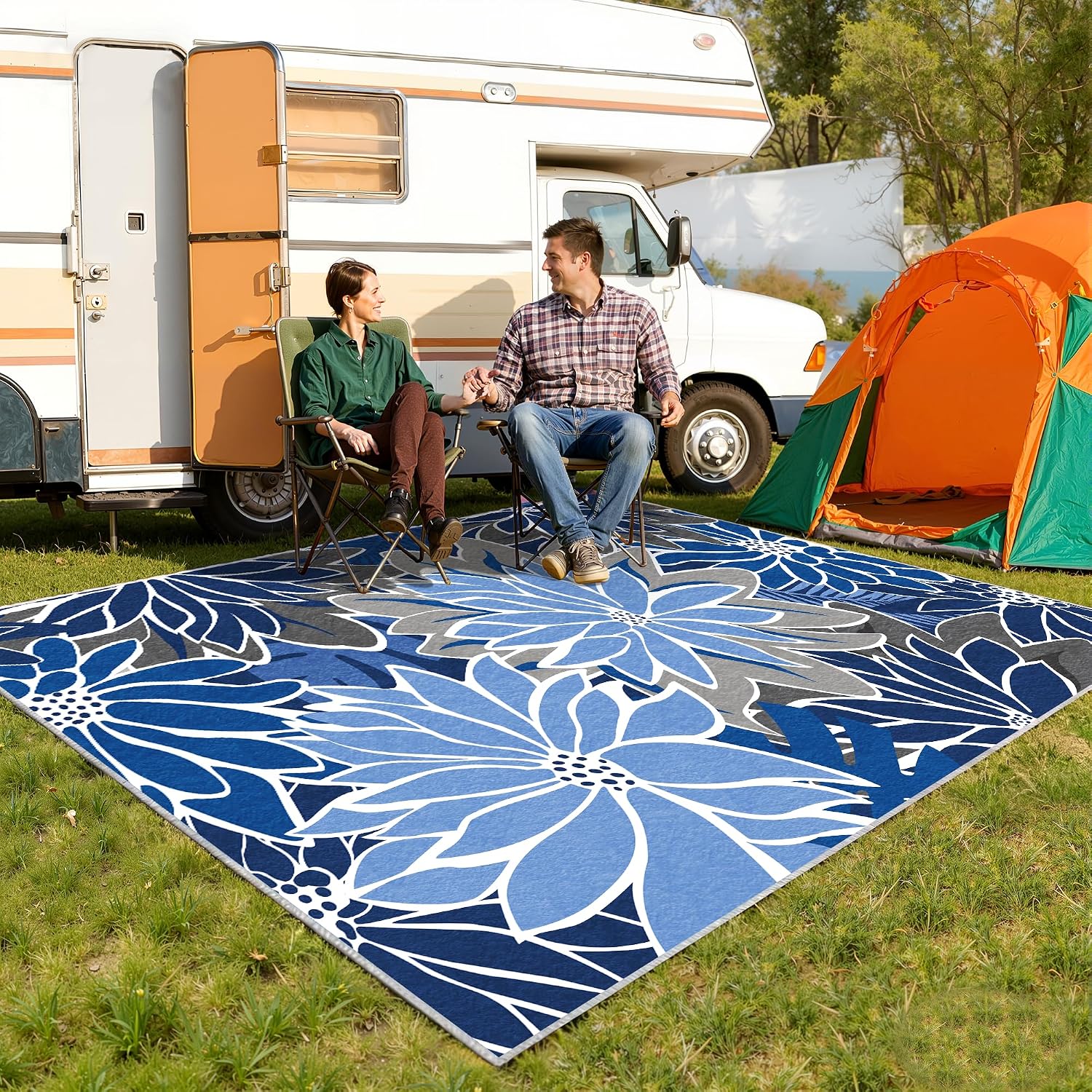 ZonLi Outdoor Rug 5x8Ft Waterproof Multicolored Blue Grey Indoor Area Rug Washable Outdoor Patio Rugs Tropical Floral Non Slip Outdoor Carpet for Living Room, Pool,Backyard,Deck,Camping.