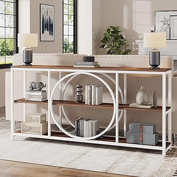 Tribesigns 70.9 inch Sofa Console Table, Extra Long Narrow Entryway Tables with 3 Tier Wood Storage Shelves Industrial Metal Frame for Foyer Hallway Living Room Behind Couch, White Walnut