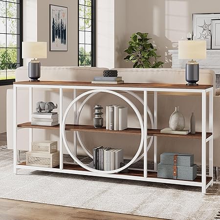 Tribesigns 70.9 inch Sofa Console Table, Extra Long Narrow Entryway Tables with 3 Tier Wood Storage Shelves Industrial Metal Frame for Foyer Hallway Living Room Behind Couch, White Walnut