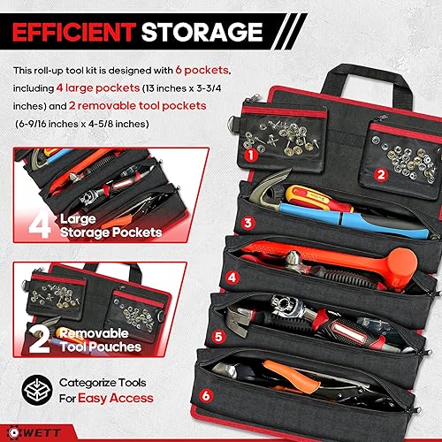 Miniatura 4 de WETT Bolsa de herramientas enrollable, bolsa organizadora de herramientas resistente de 22 pulgadas con bolsillos desmontables, 6 bolsillos para