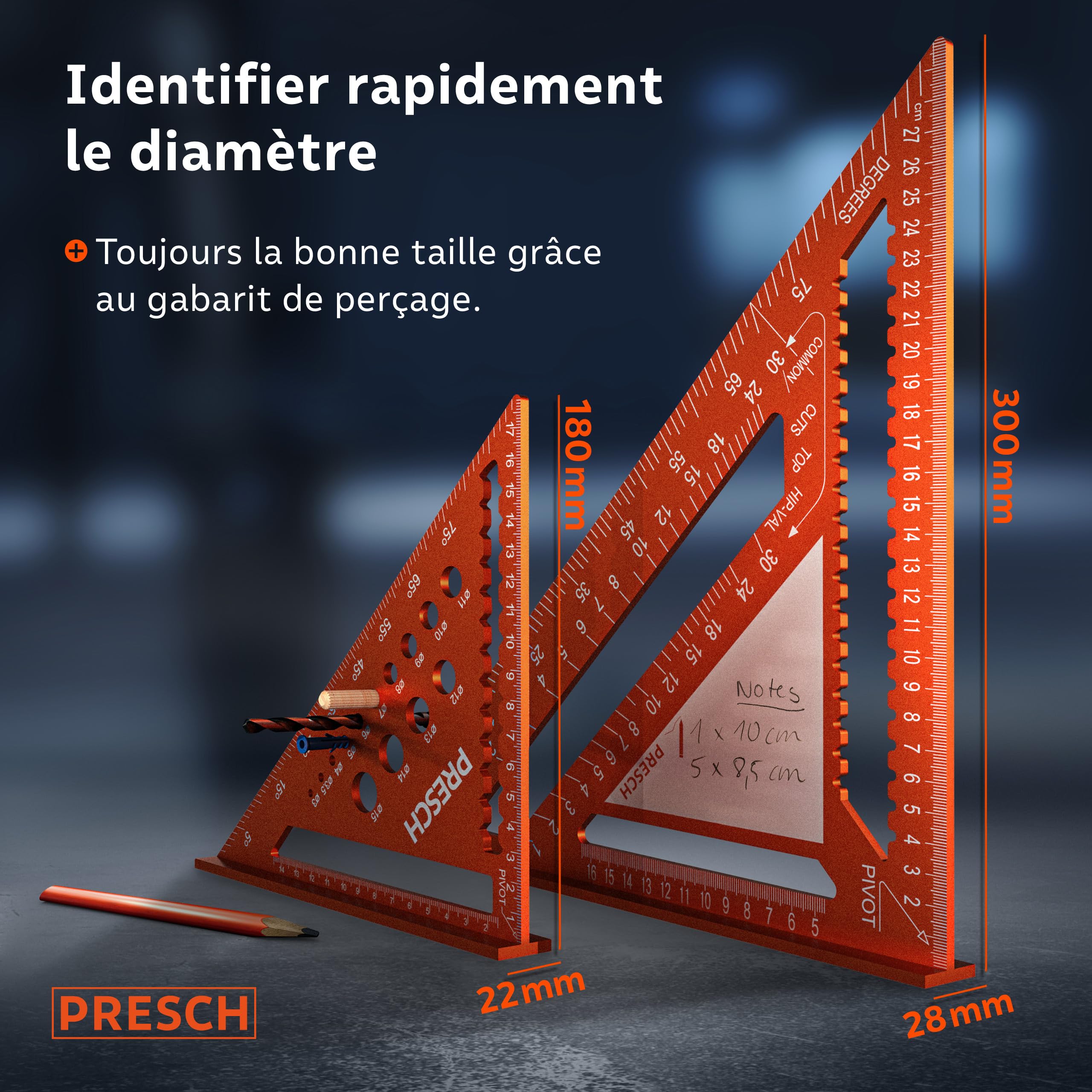 Presch Équerre de menuisier Set - 180mm & 300mm - Surface innovante effaçable - Guide de perçage intelligent - Aluminium fraisé de haute précision pour des angles de 90° toujours précis