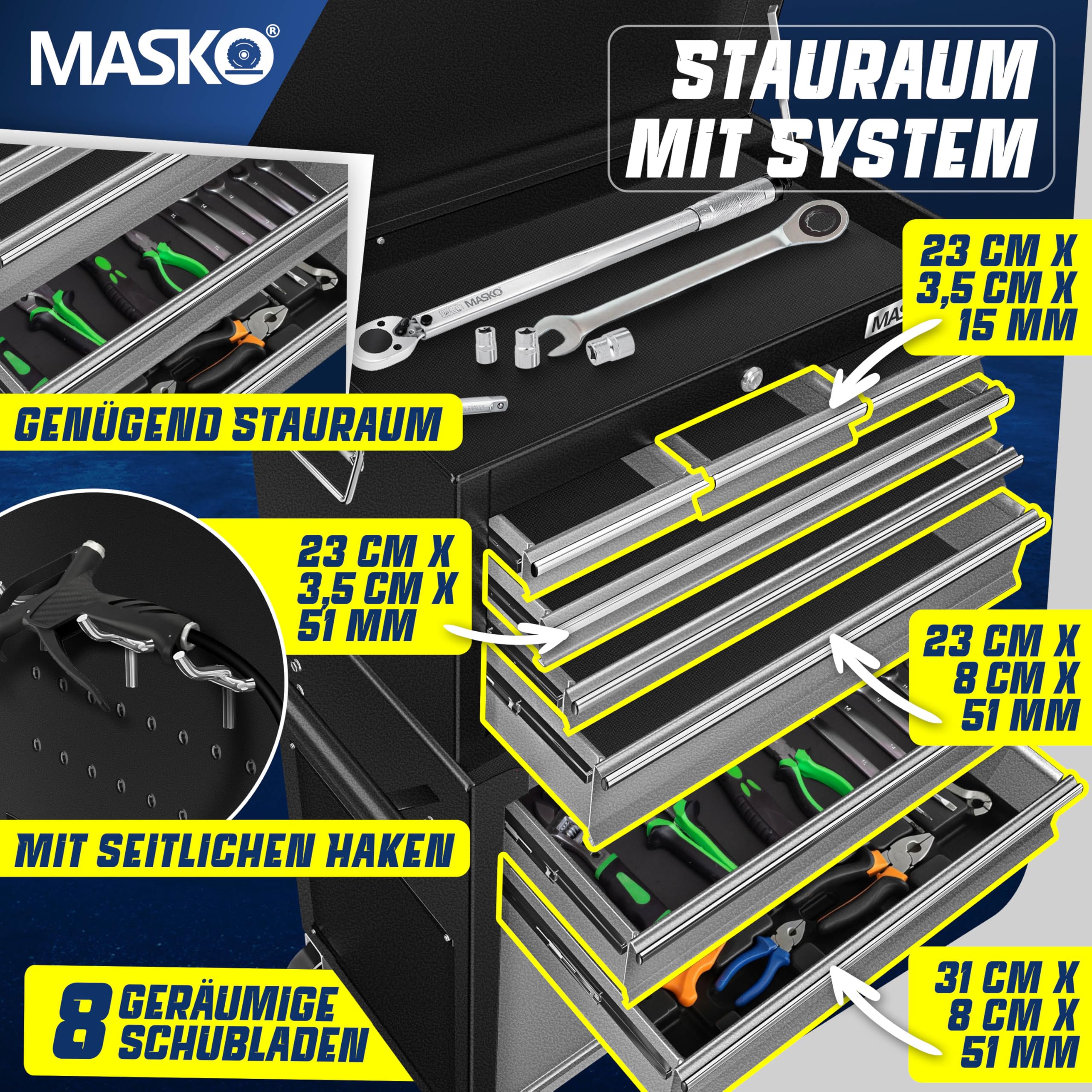MASKO® Werkstattwagen inkl. Koffer - 9 Fächer Abschließbar | Massives Metall | Mobiler Werkzeug-Wagen ohne Werkzeug | Profi| Rollwagen zur Werkzeugaufbewahrung mit Schloss | Schwarz/Grau
