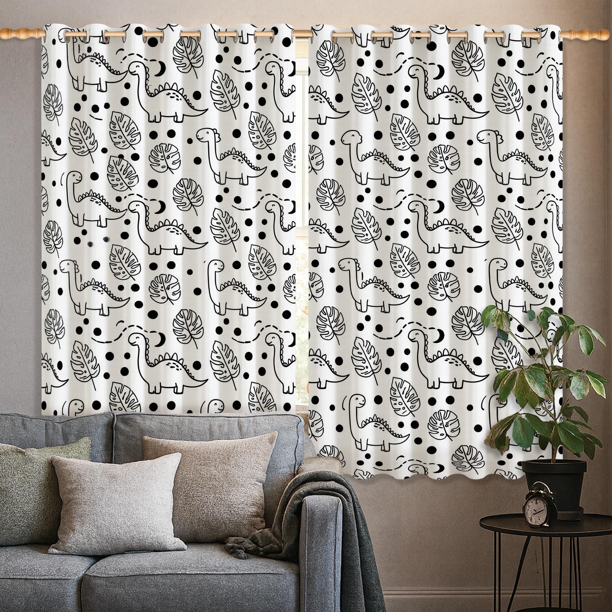 Rideaux occultants à isolation thermique pour salon, maison, bureau - Motif dinosaure - Motif à pois - 132 x 137 cm - Noir