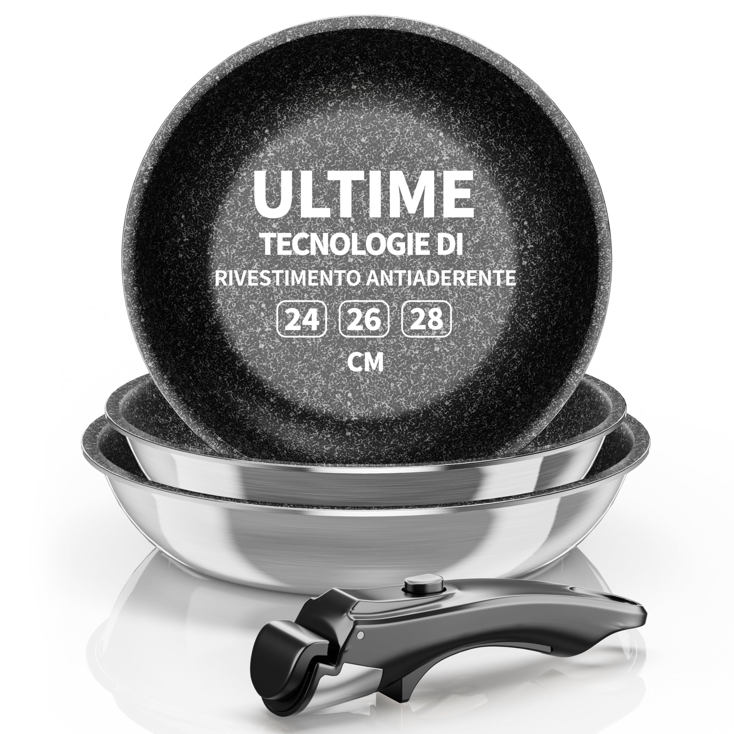 Kiseely Padella Antiaderente a Induzione in Acciaio Inox, Set 3 Padelle Antiaderenti, Manico Removibile, rivestimento Antiaderente,antigraffio, Induzione e Gas (MD1)