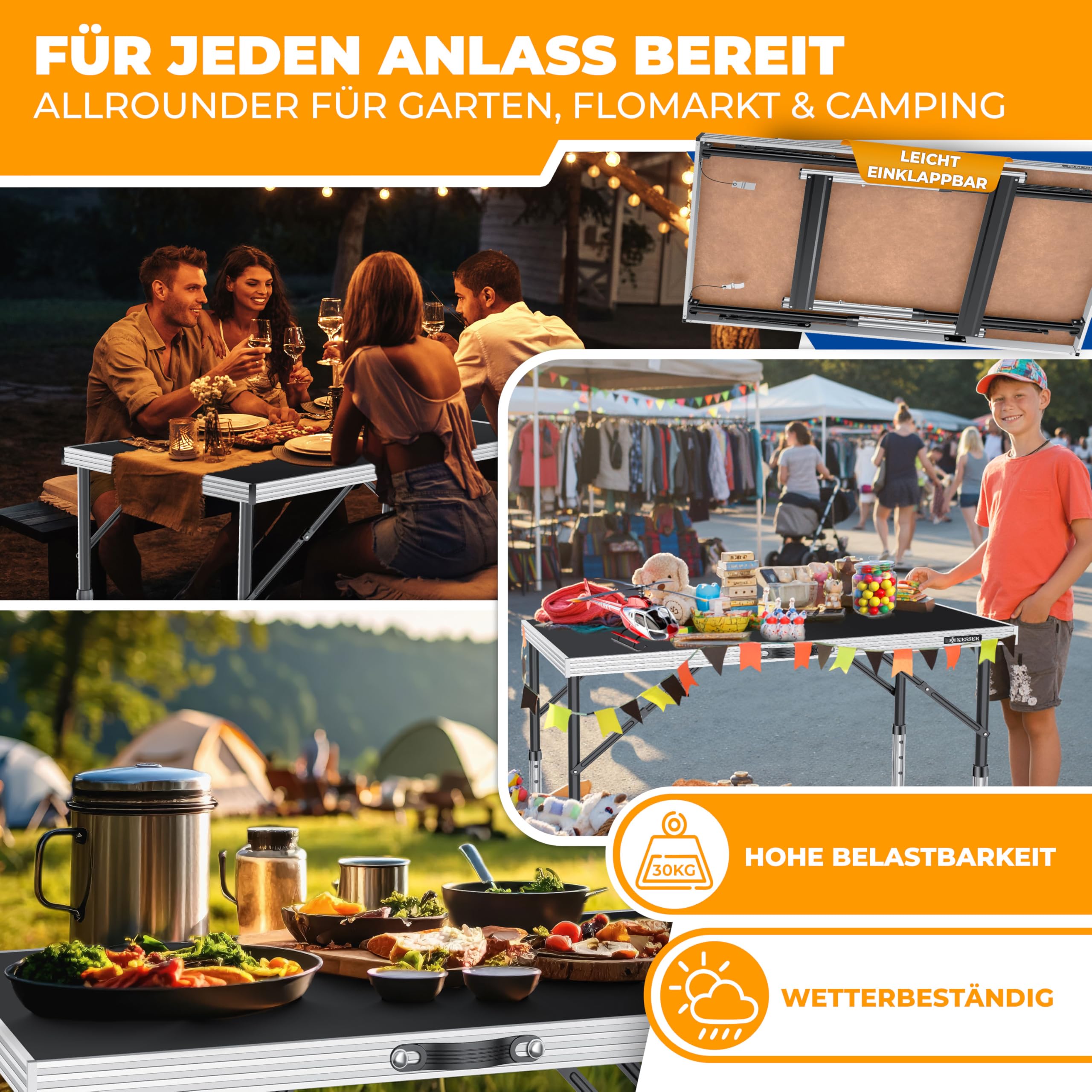 KESSER® Multifunktionstisch Profi 3- teilig, 100 x 60 cm, Tapeziertisch 90kg Gesamtbelastung, mit Ausziehfunktion Klapptisch Flohmarktisch Beistelltisch Mehrzwecktisch Campingtisch höhenverstellbar