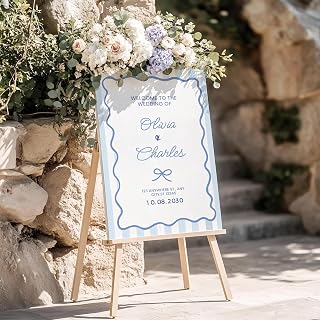 Nvtbibi Store Blue Coastal Wavy Wedding Welcome Sign with Nautical Stripe Design, Elegant Seaside Ceremony Entrance Poster, Ocean Inspired Reception Wall Decoration, Beachfront Event Venue Accent