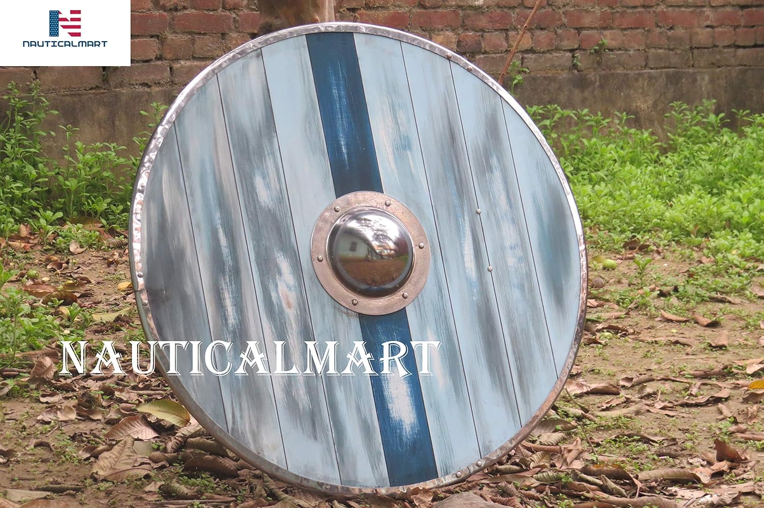 NauticalMart Aged Wood Viking Shield in Glacier Blue - SCA/LARP/Norse/Norway/Antique/Armor