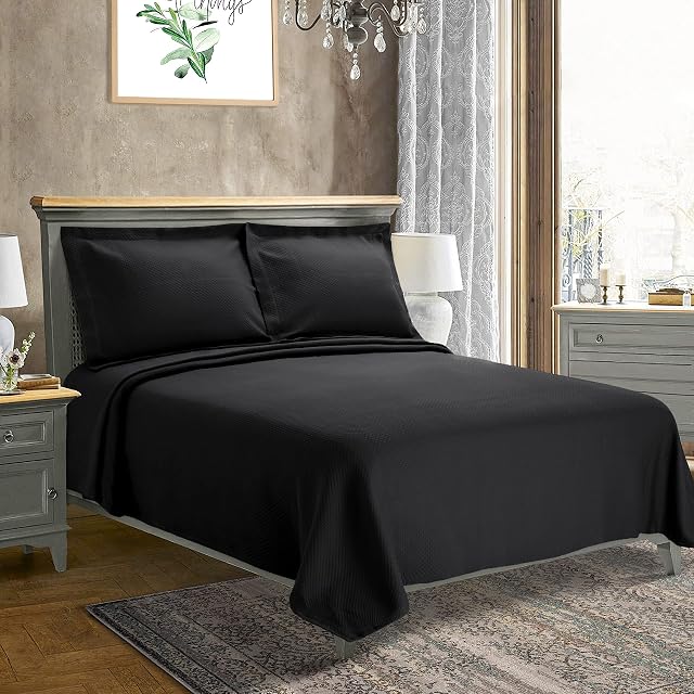 SUPERIOR Oversized Premium Bedspread Set, Diamond Solitaire Jacquard Design, Breathable Cotton, Soft, Breathable, All-Season, Matching Pillow Shams, Lightweight and Cozy Bedding, Queen, Black
