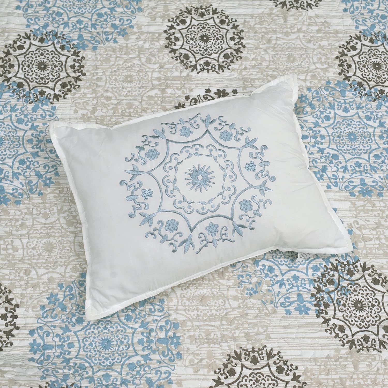 HESTIN 6 Piece Sun Stamp King Size 122" x 106" Reversible Bedspread Quilted Coverlet with Floral Design, Khaki Tan (Curtains Not Included)