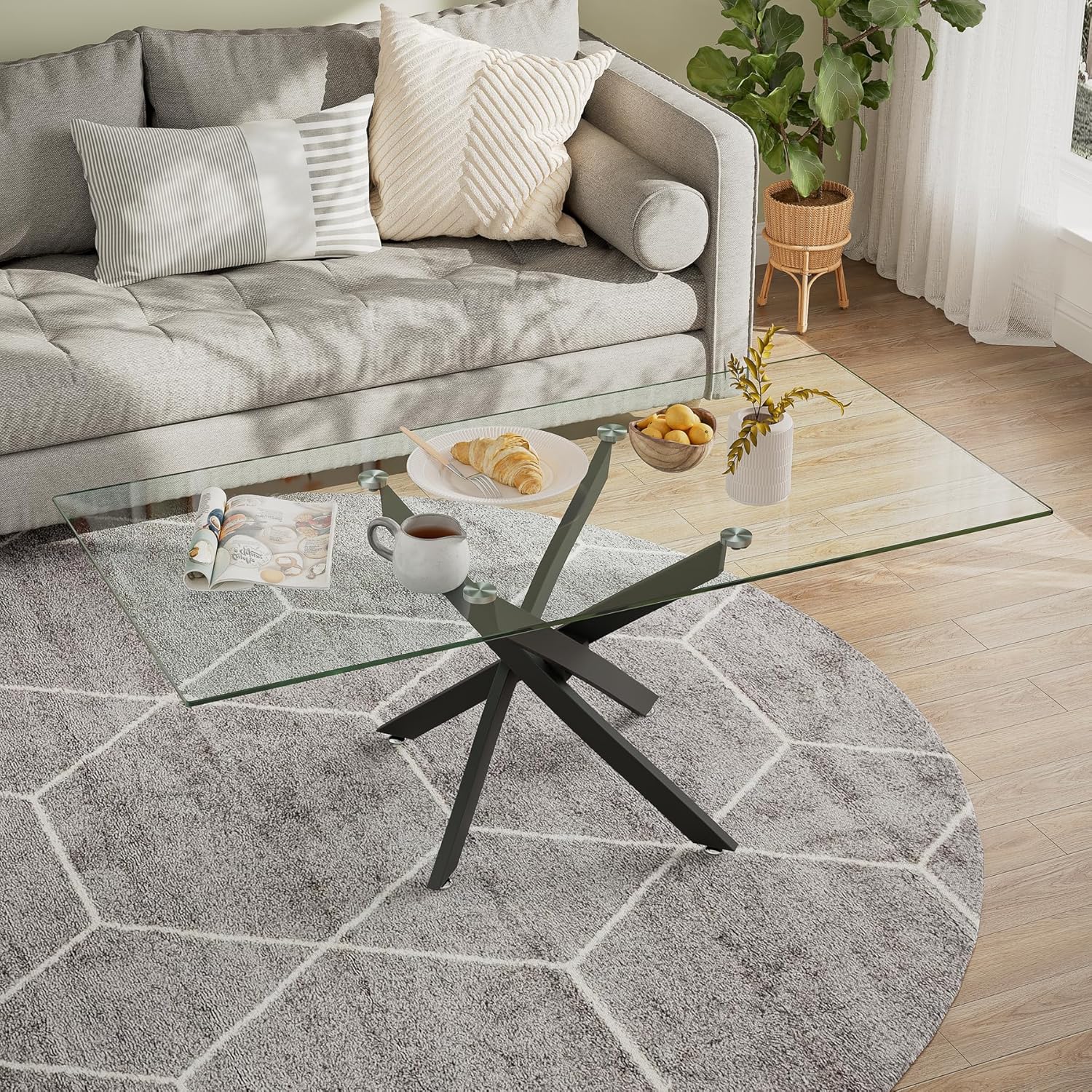 Tempered Glass Coffee Table with Metal Legs, Rectangle Modern Living Room Table for Home Office Living Room (Black, 47.3”x23.6”x18.1”)