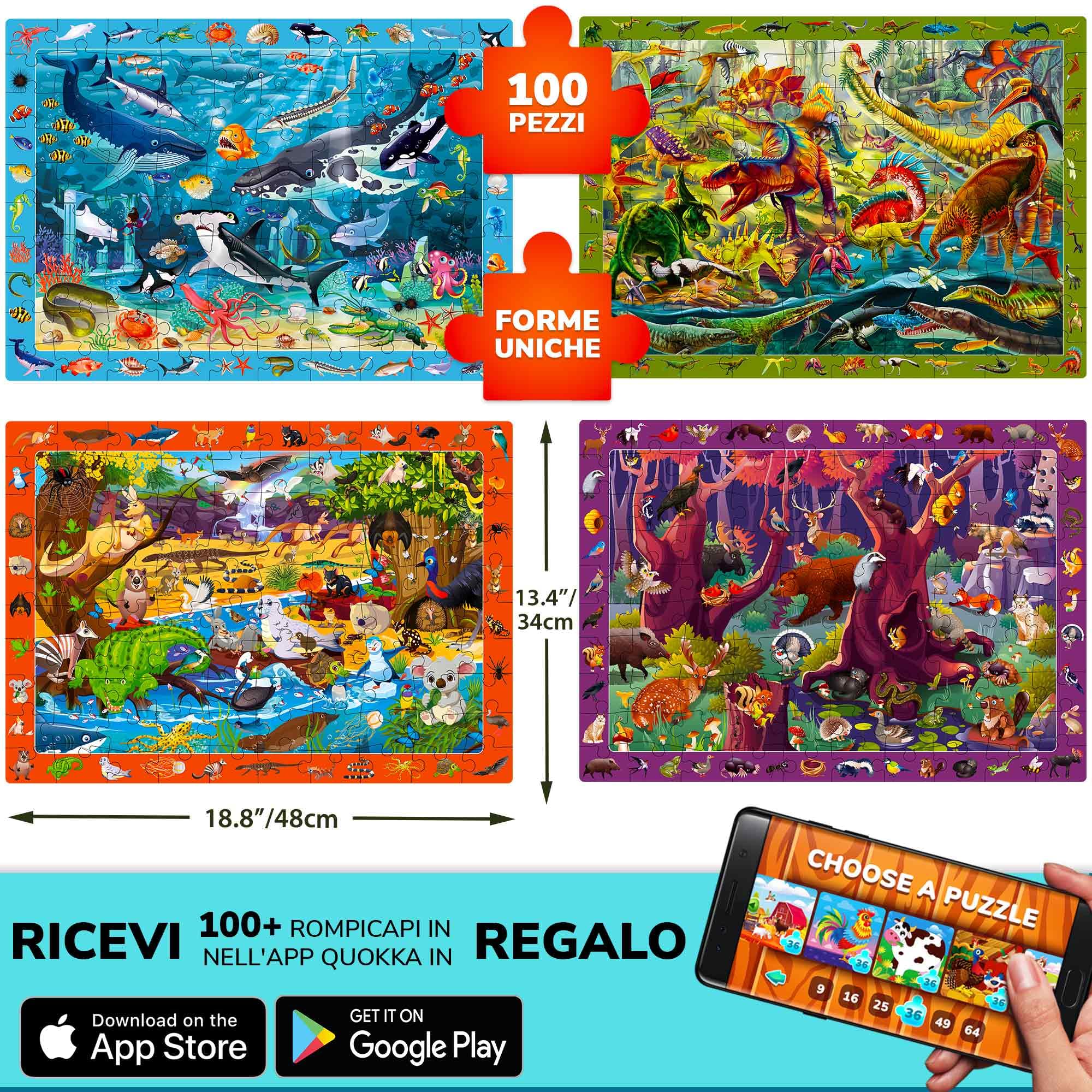 Puzzle da 100 Pezzi per Bambini 3 4 5 Anni - Set di 3 Puzzle da Pavimento Giganti - Impara Animali e Insetti della Foresta Oceanica - Giocattoli Educativi per Ragazzi e Ragazze dai 6 ai 7 Anni