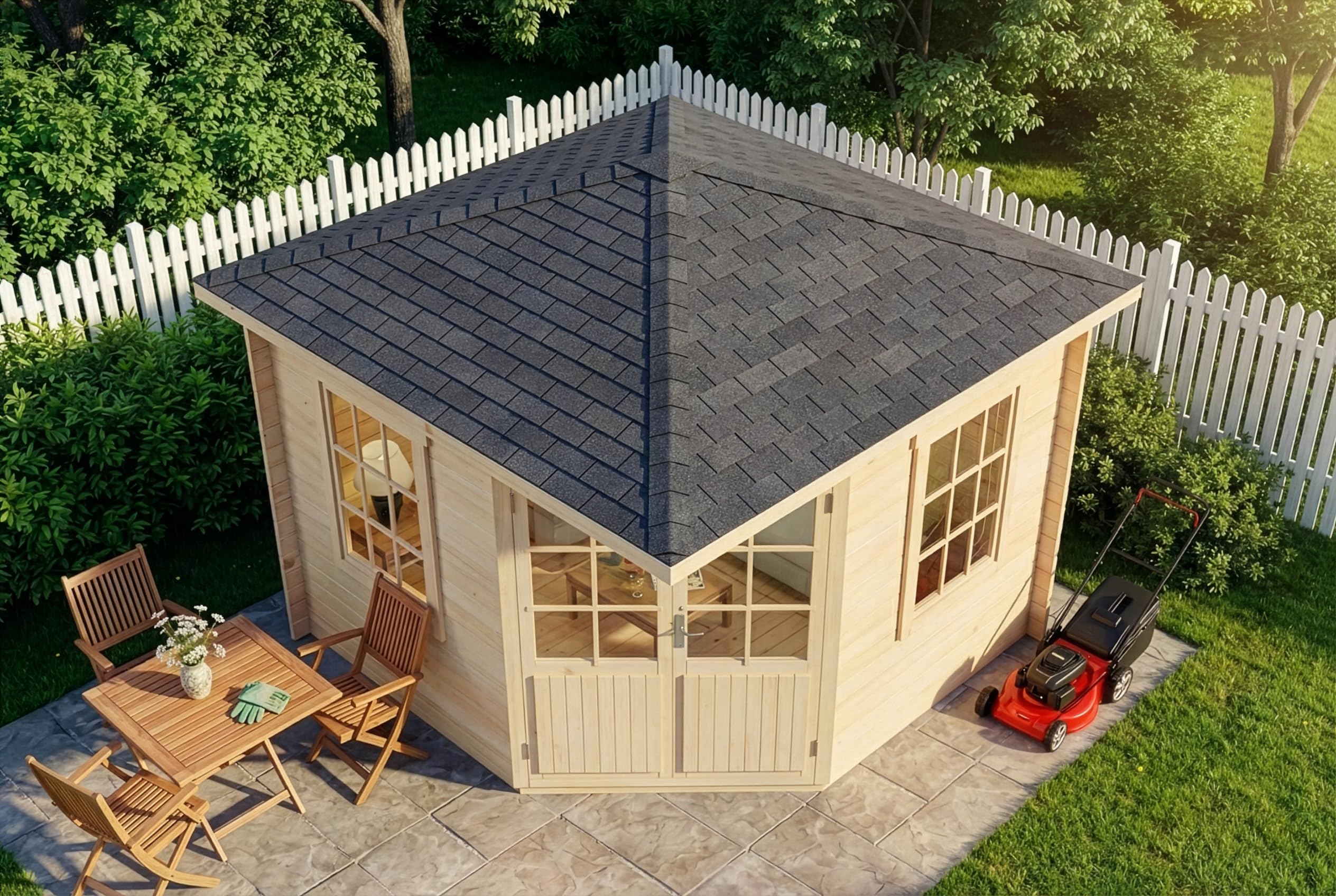 Alpholz 5-Eck Gartenhaus Monica aus Massiv-Holz, Gerätehaus mit 28 mm Wandstärke, Garten Holzhaus inklusive Montagematerial, Geräteschuppen Größe: 300 x 300 cm, Spitzdach