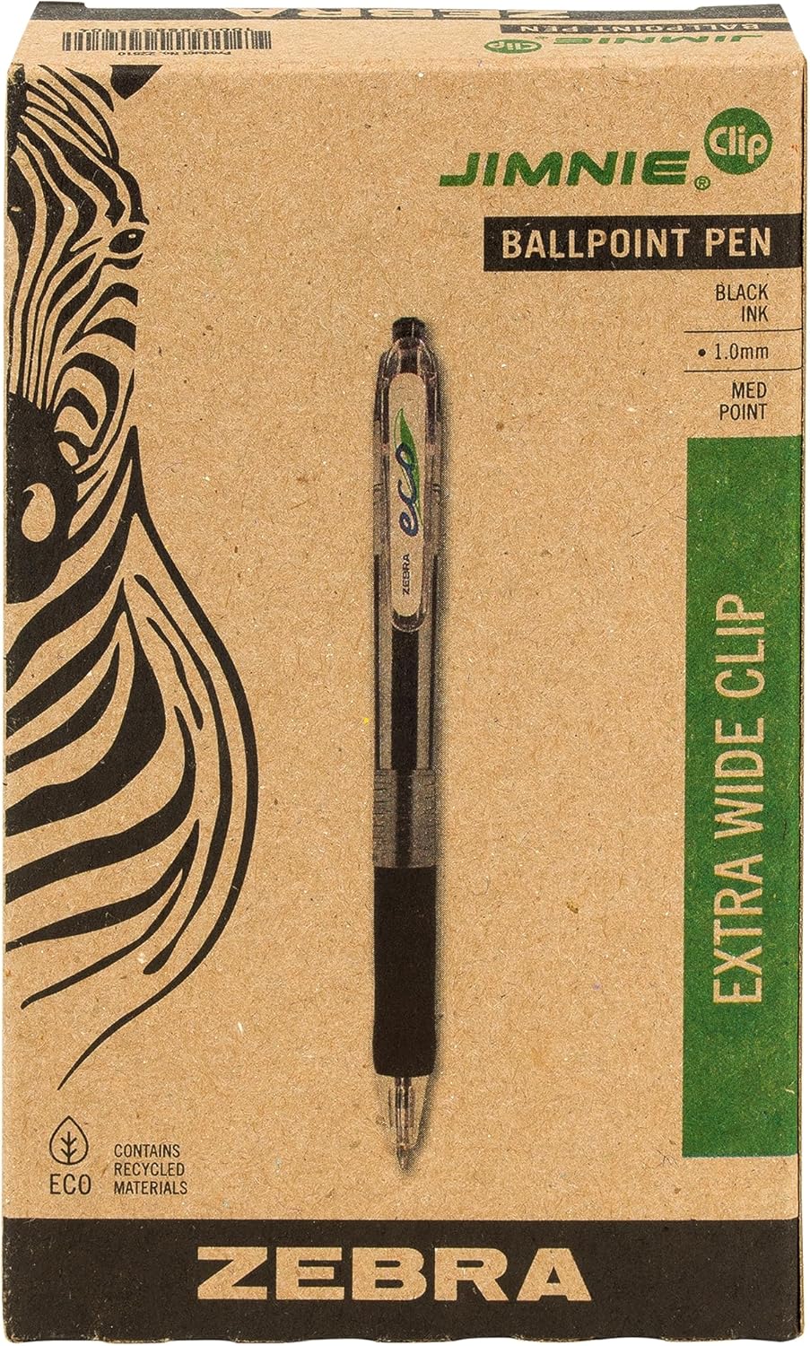 Zebra's Eco Jimnie Clip Retractable Ballpoint Pen 1.0mm Black Dozen (22510)