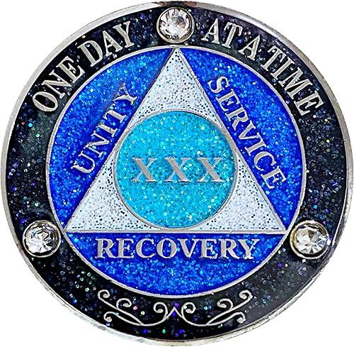 Vista 12 de (años 1-50) AA 17 años de cristales y medallón de purpurina, chapado en color plateado, arco iris negro, purpurina azul y tres cristales