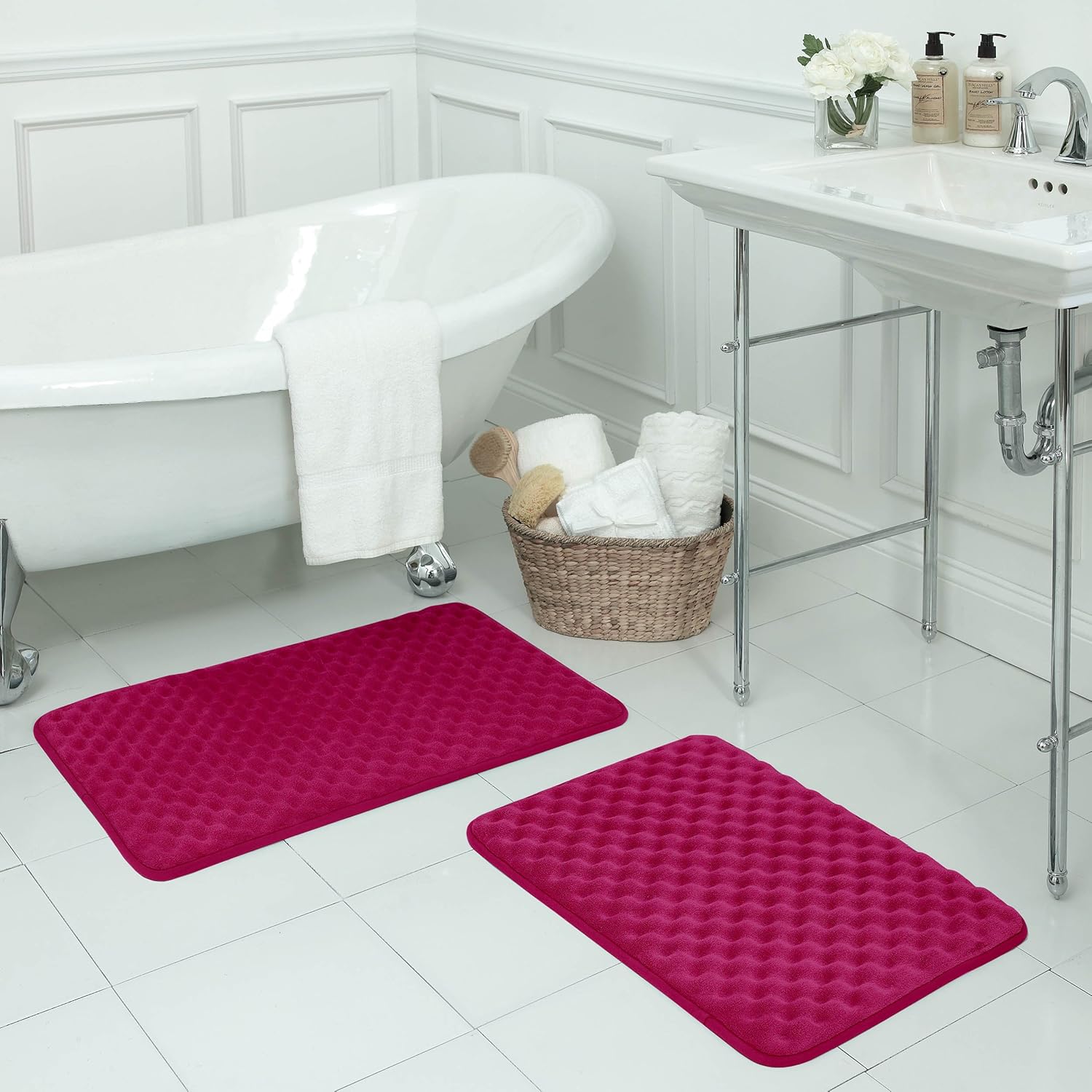 Extra Thick Memory Foam Bath Mat Set - Massage Plush 2 Piece Set with BounceComfort Technology, 17 in. x 24 in./20 in. x 30 in., Fucshia