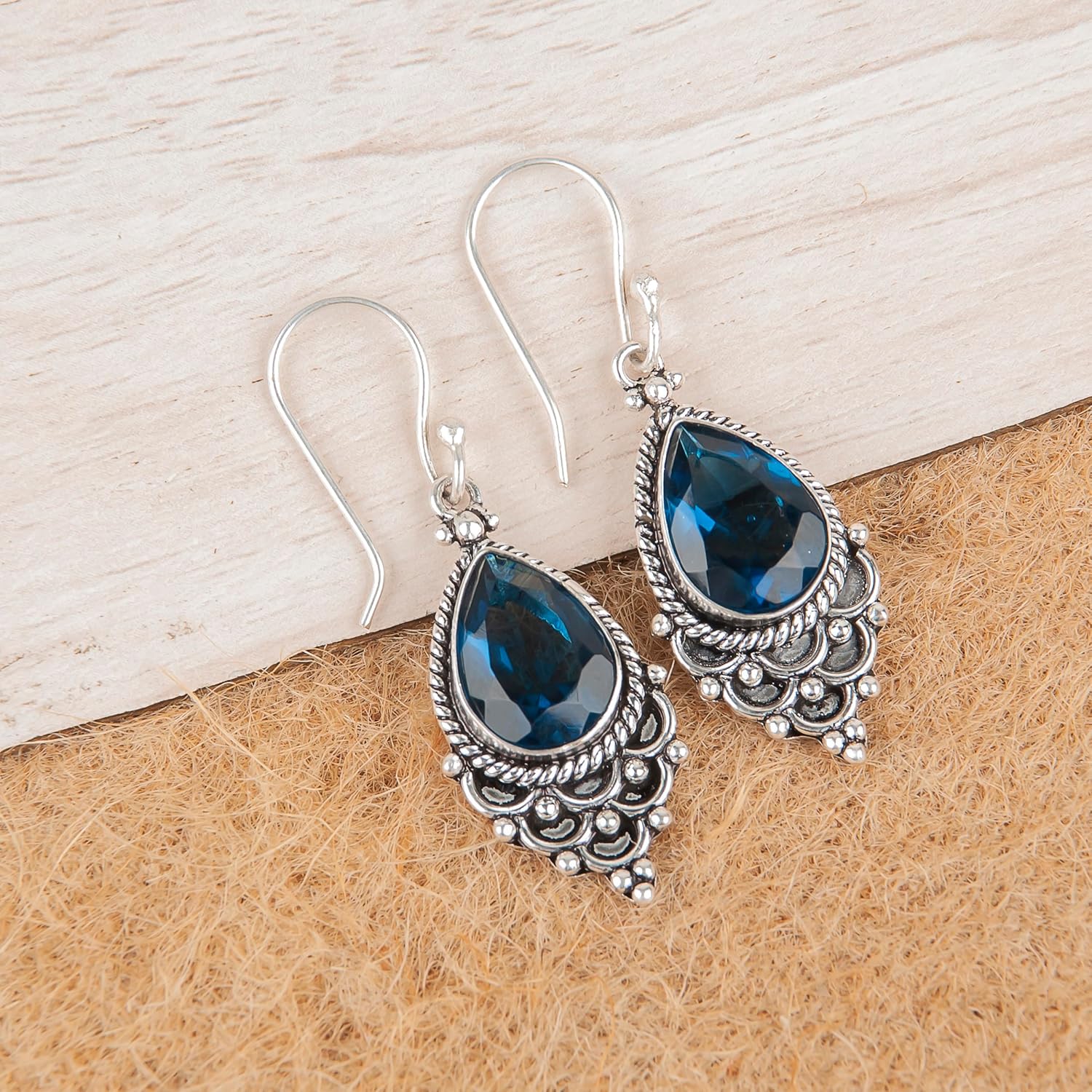 Gesmtone 925 Sterling Silver Handmade Statement Earrings For Women, 10X14mm Pear Stone Bezel Set Earrings 1.9", Designer Oxidized Teardrop Earrings, Elegant Dailywear Jewelry, Mother's Day Gift