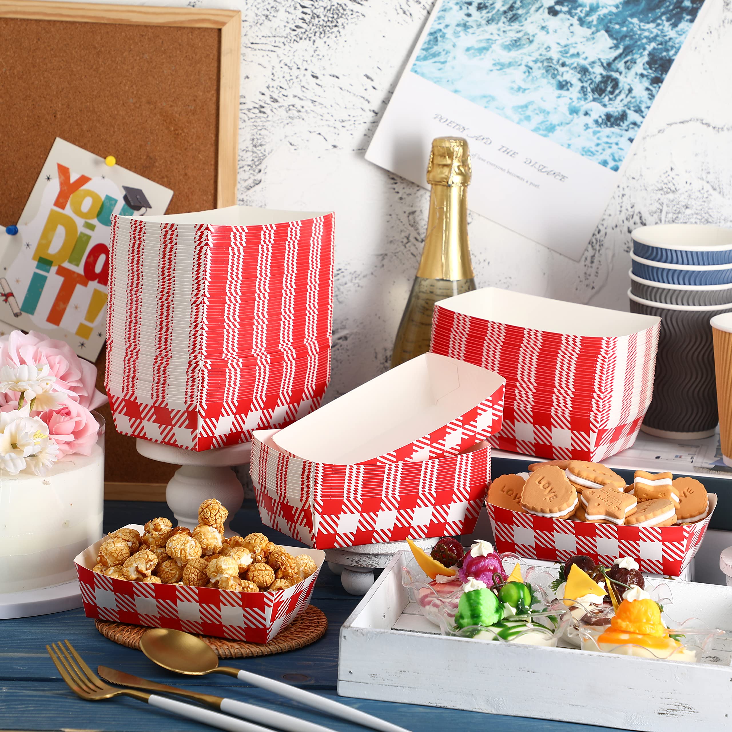 Blcculi 100 Pcs Gingham Paper Food Trays,Gingham Party