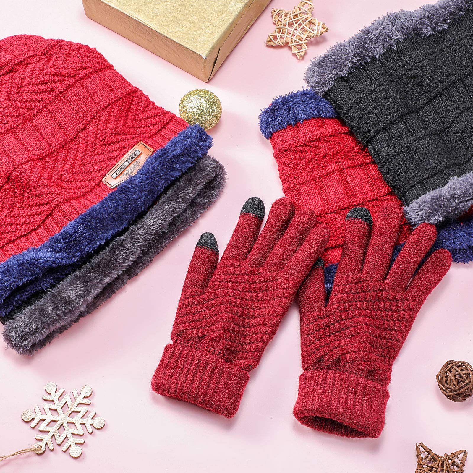 Gorro de punto de invierno, calentador de cuello, guantes para pantalla táctil, gorro de punto de forro polar, bufanda con bucle circular, guantes de punto para hombres y mujeres, Colores sencillos 4