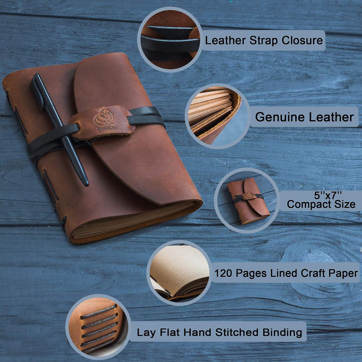 Beavercraft LJ1 Leather Journal Lined Paper Notebook Handmade Writing Journal - Small Leather Notebook Journal - Leather Bound Journal - Leather Travel Notebook