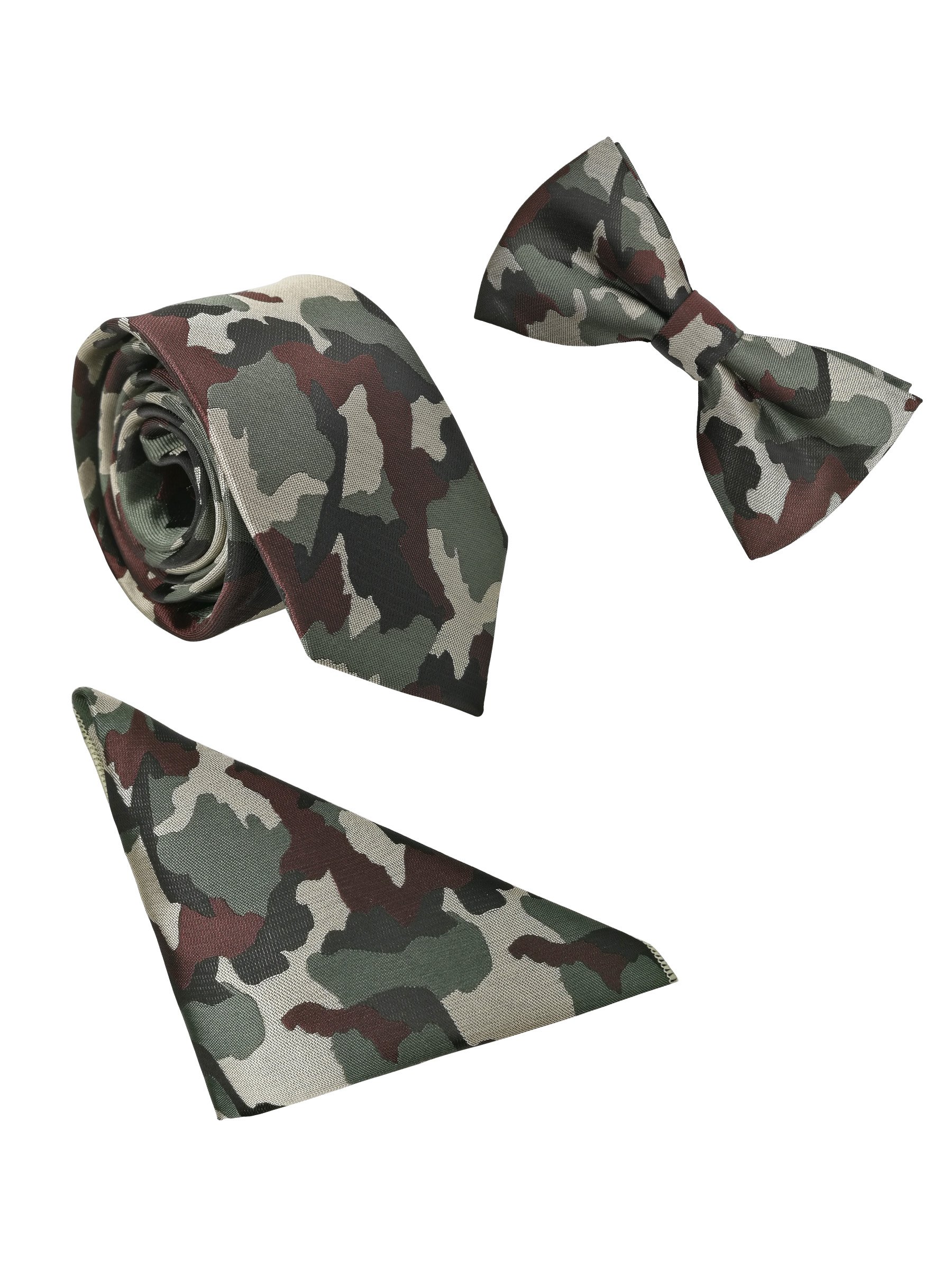 Wanying Men's B51 Classic 6 * 12Cm Bowtie & 6Cm Narrow Necktie & 22 * 22Cm Pocket Squares 3 In 1 Sets - Army Green Camouflage