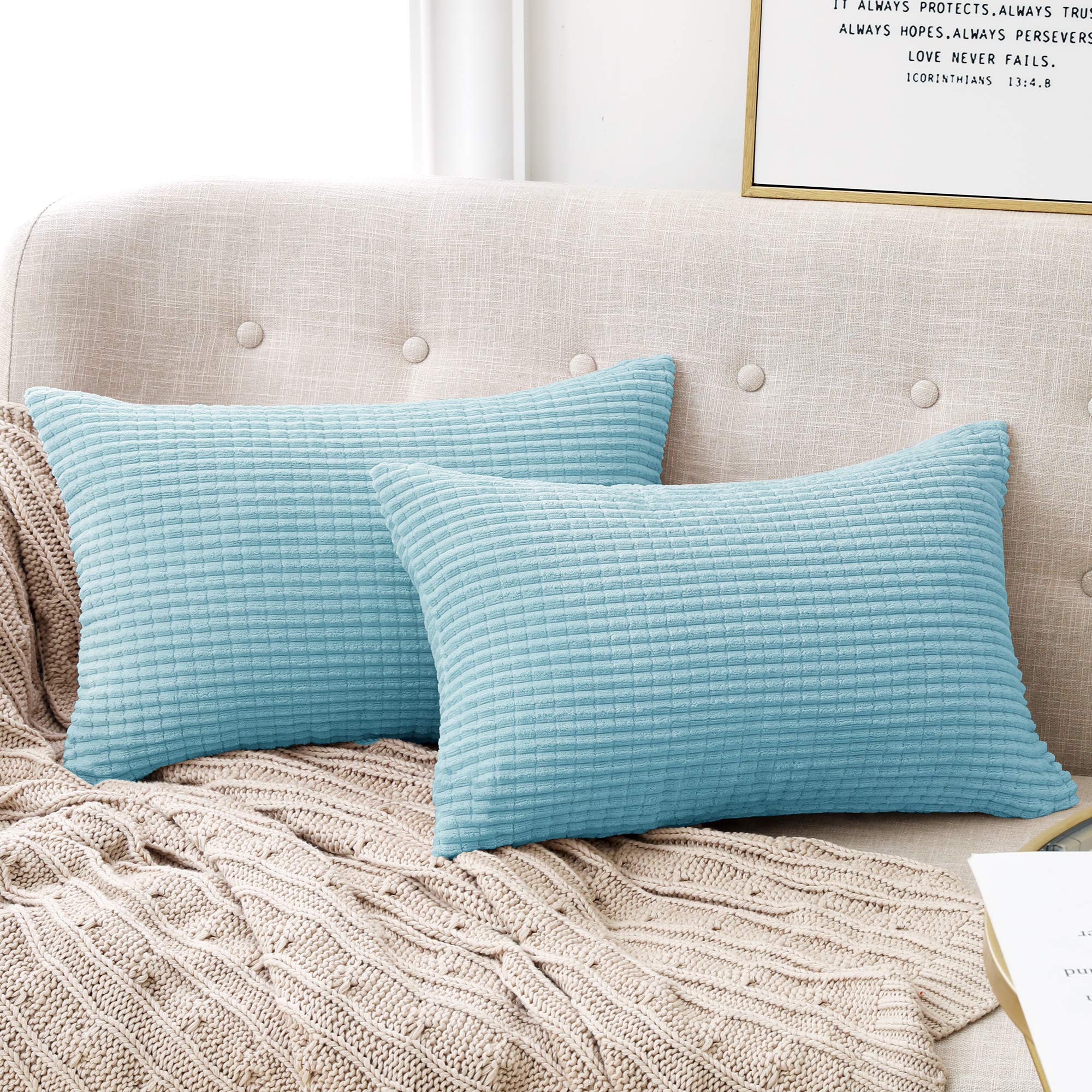Deconovo Sky Blue Set Of 2 Home Decorative Corduroy Cushion Covers 30Cmx50cm 12X20 Inches Grid Pillowcases Throw Pillow Casess Rectangular Cushion Covers For Armchair 2 Pieces