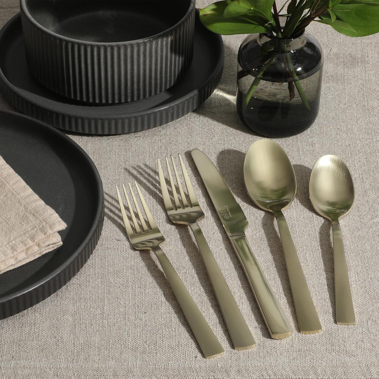 Gibson Elite Earlston 20-Piece Flatware Silverware Set - Stainless Steel Utensils - Forks, Spoons, Knives - Service for 4 - Matte Champagne Gold