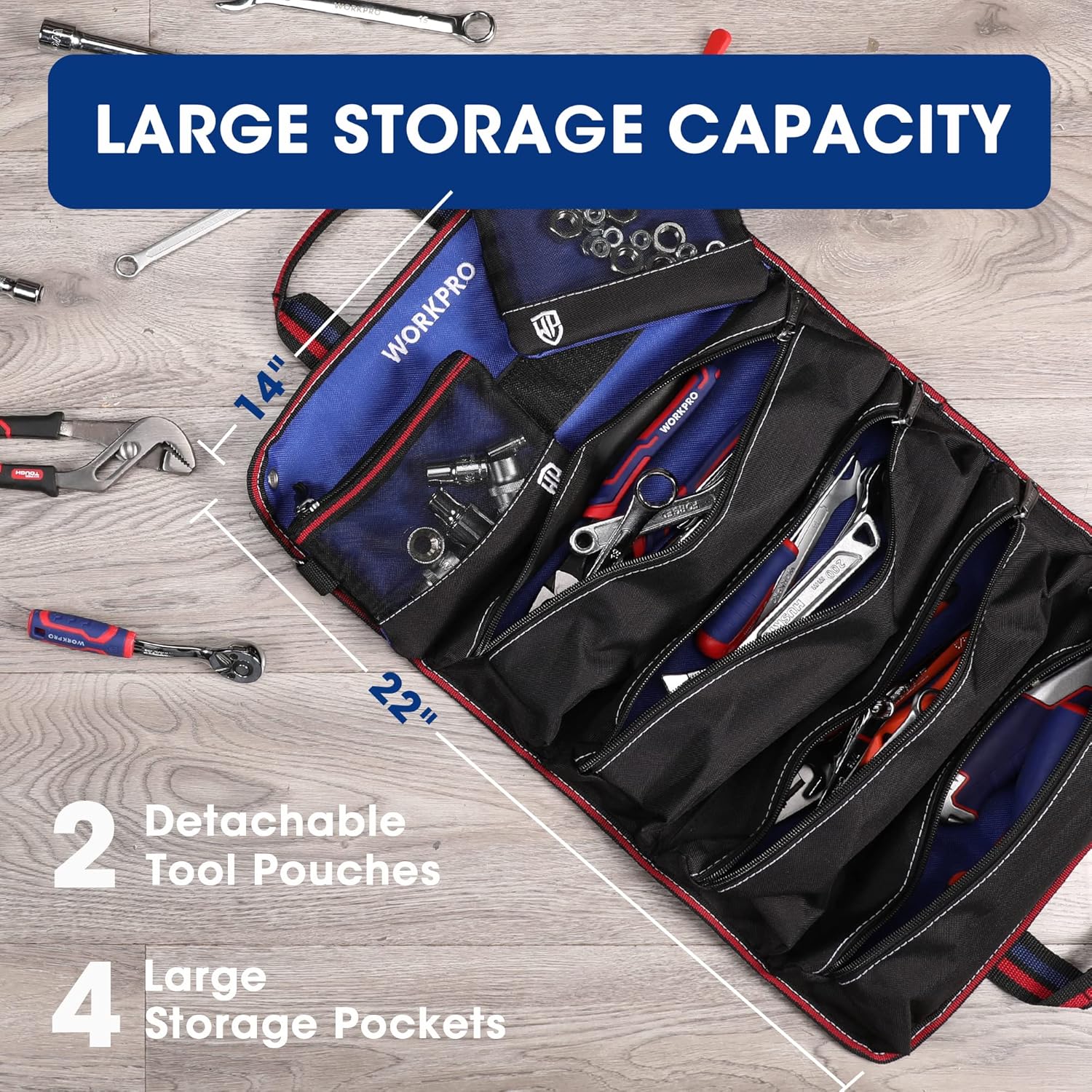 WORKPRO Roll Up Tool Bag, Tool Roll Up Bag with Detachable Tool Pouches, Heavy Duty Tool Bag Organizer with 6 Pockets, Tool Organizer for Mechanic, Electrician, Plumber and Carpenter - Image 3
