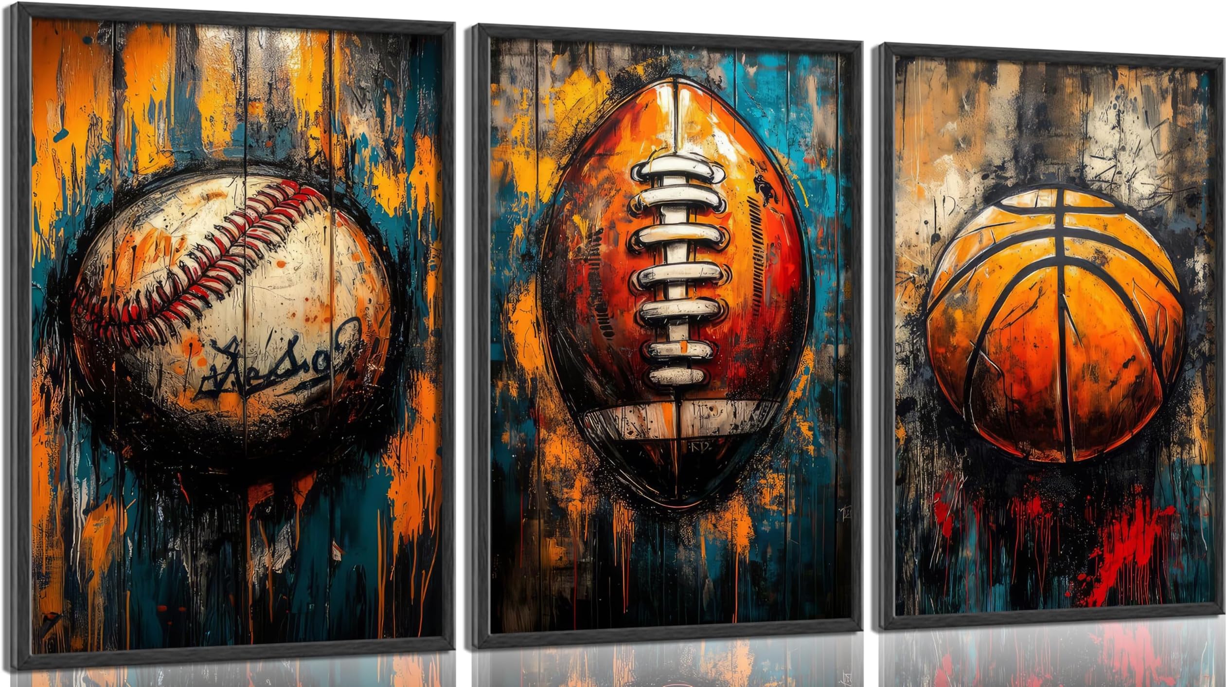 3Pcs Graffiti Sports Canvas Wall Art Vintage Basketball Football Baseball Posters Prints Colorful Street Pop Art Painting Pictures Sports Wall Decor for Boys Bedroom Unframed 08x12inch