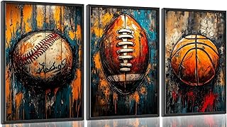 3Pcs Graffiti Sports Canvas Wall Art Vintage Basketball Football Baseball Posters Prints Colorful Street Pop Art Painting Pictures Sports Wall Decor for Boys Bedroom Unframed