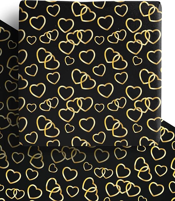 4 x Eco Gold Heart Valentines Wrapping Paper Sheet 70cm x 50cm - Premium Recyclable Black and Gold Gift Wrap Perfect for Valentines Day, Anniversary, Wedding and more. 100% Recycled Wrapping Paper